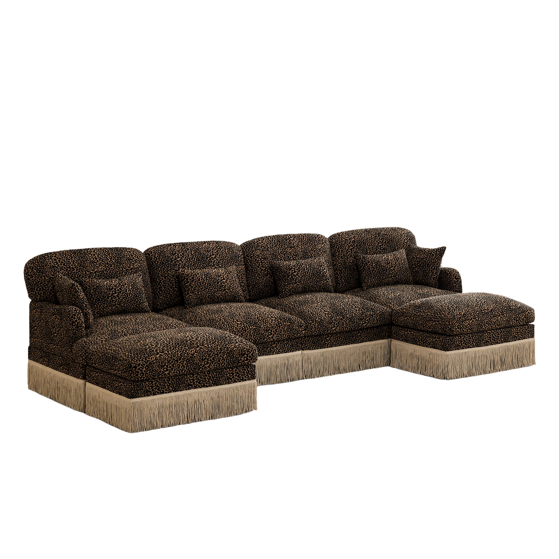 Tucson brown leopard print chenille U-shaped sectional sofa angled view isolated on white background
