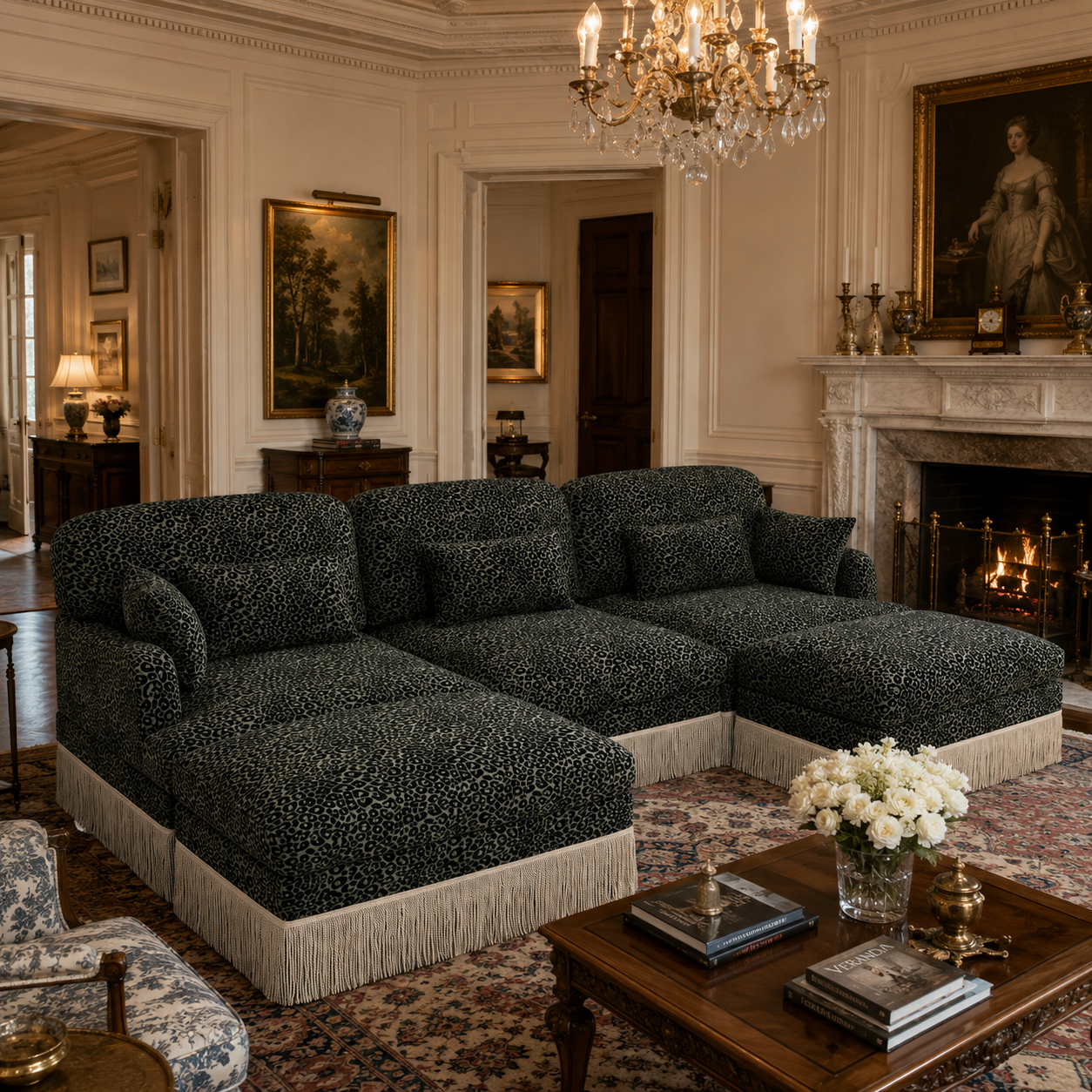 Tucson 100" Modular Leopard Print Chenille U-Shaped Sectional Sofa with 2 Ottomans and Fringe Trim