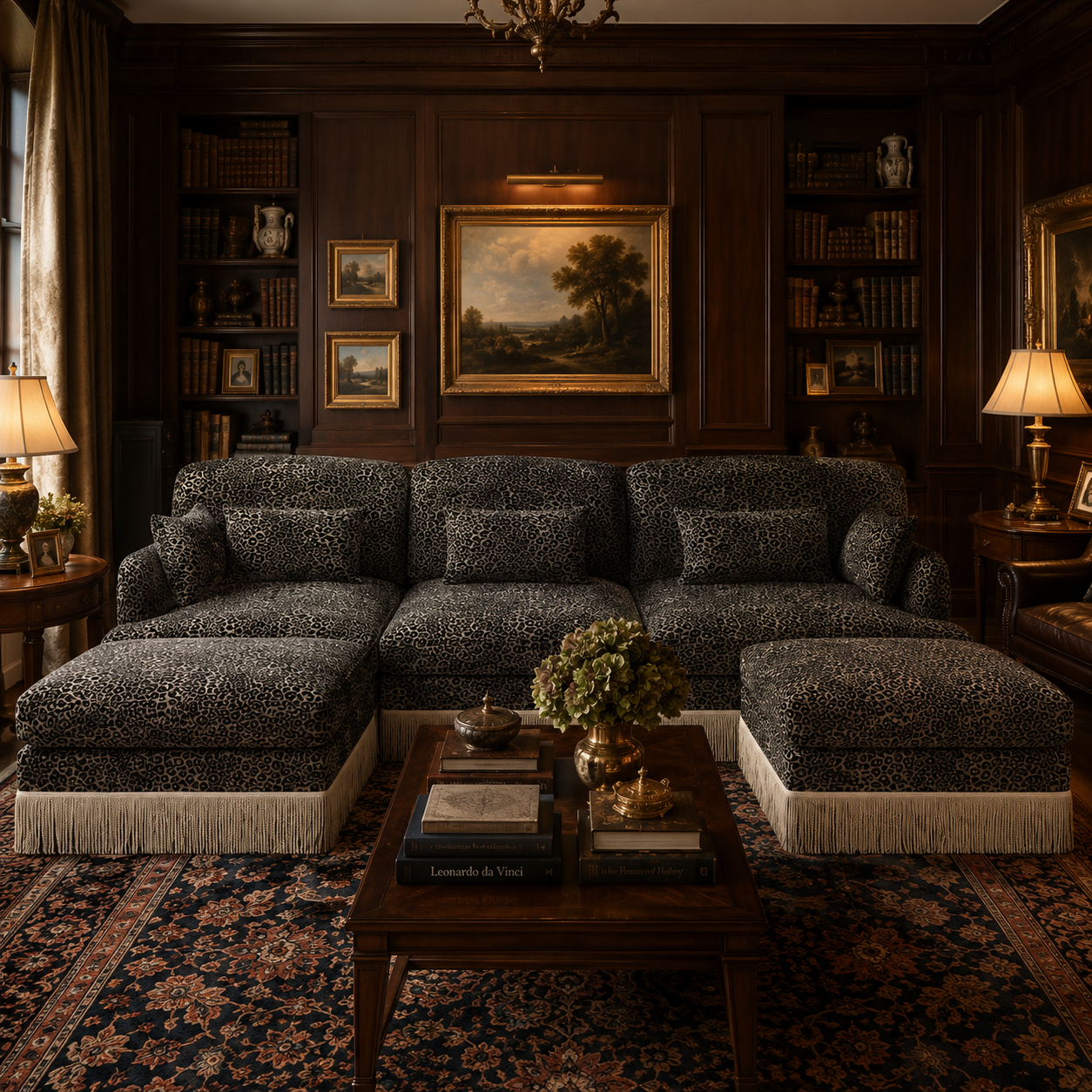 Tucson 100" Modular Leopard Print Chenille U-Shaped Sectional Sofa with 2 Ottomans and Fringe Trim
