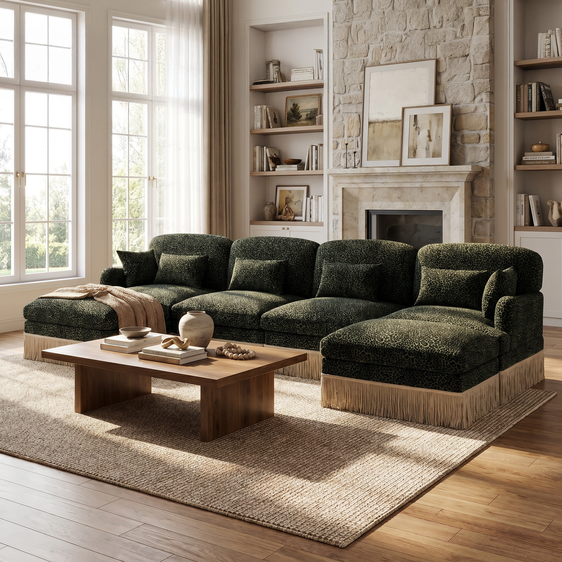 Tucson green leopard print chenille U-shaped sectional sofa in modern living room setting