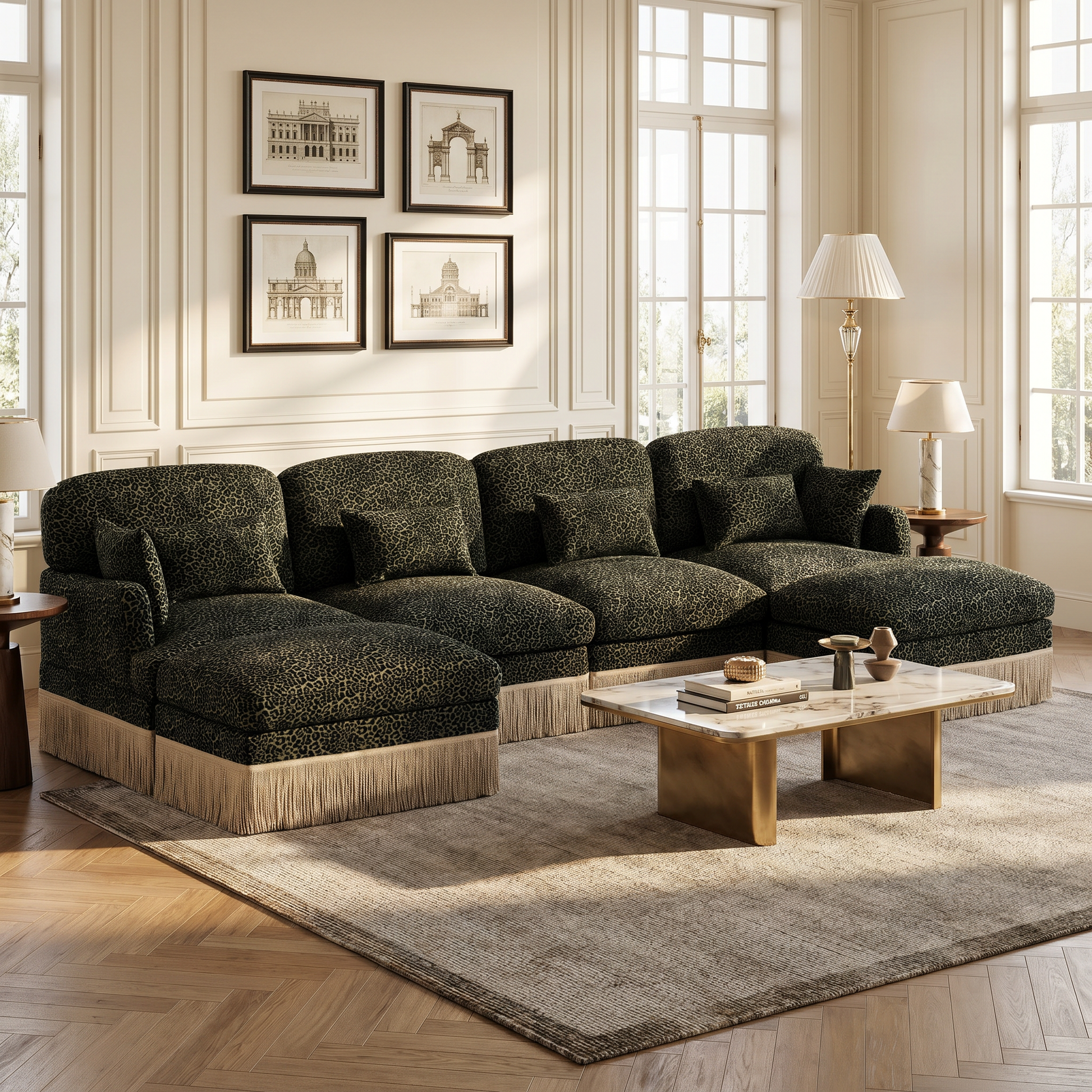 Tucson green leopard print chenille U-shaped sectional sofa with fringe trim beside coffee table