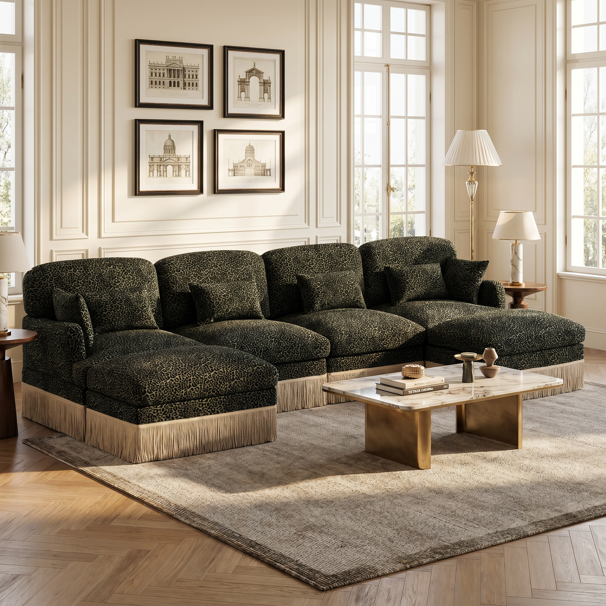 Tucson green leopard print chenille U-shaped sectional sofa with fringe trim beside coffee table