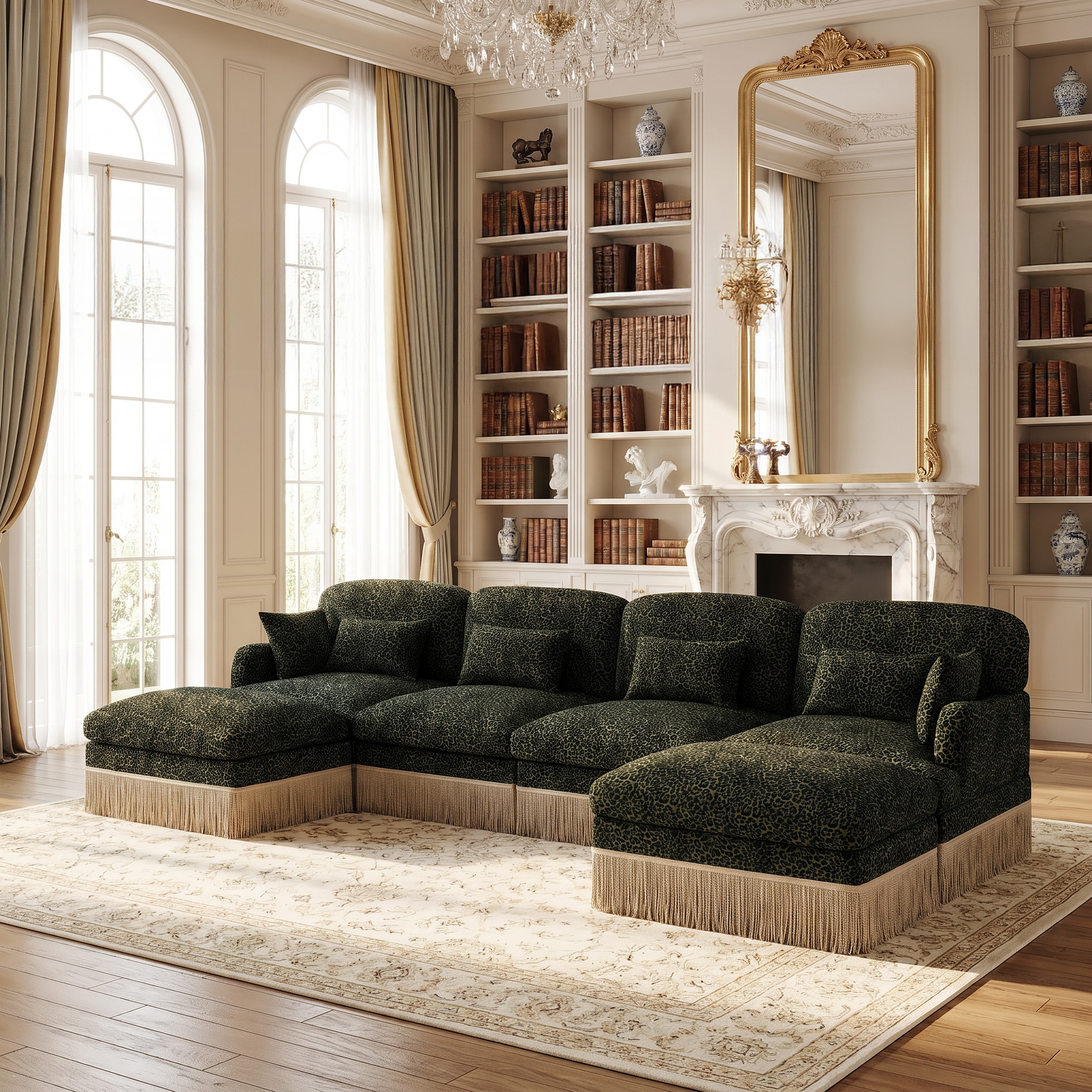 Tucson green leopard print chenille U-shaped sectional sofa in elegant lounge interior