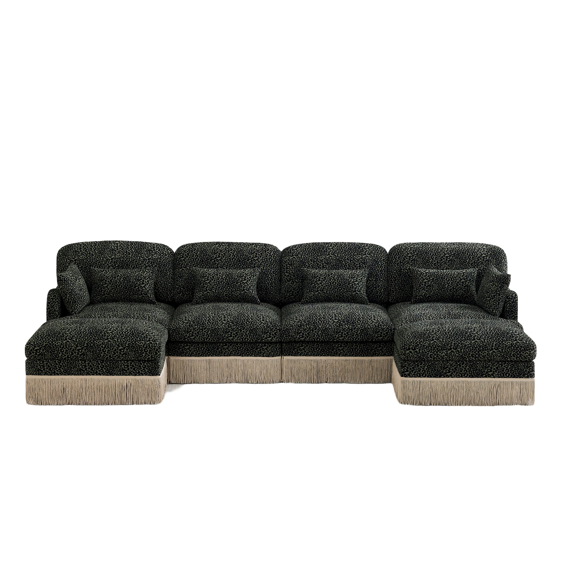 Tucson green leopard print chenille U-shaped sectional sofa front view isolated on white background