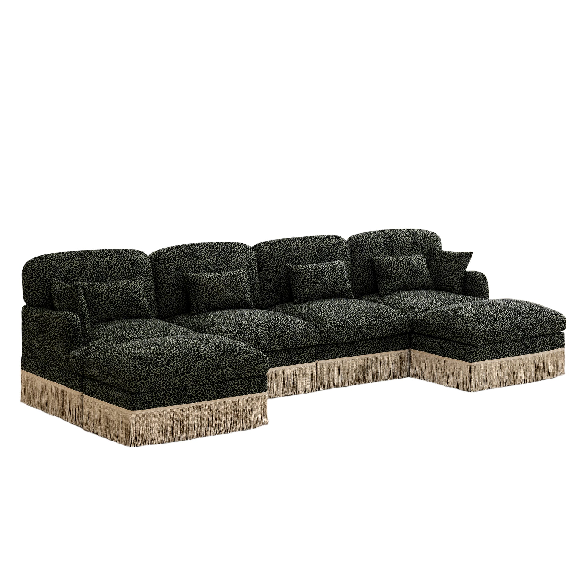 Tucson green leopard print chenille U-shaped sectional sofa angled view isolated on white background
