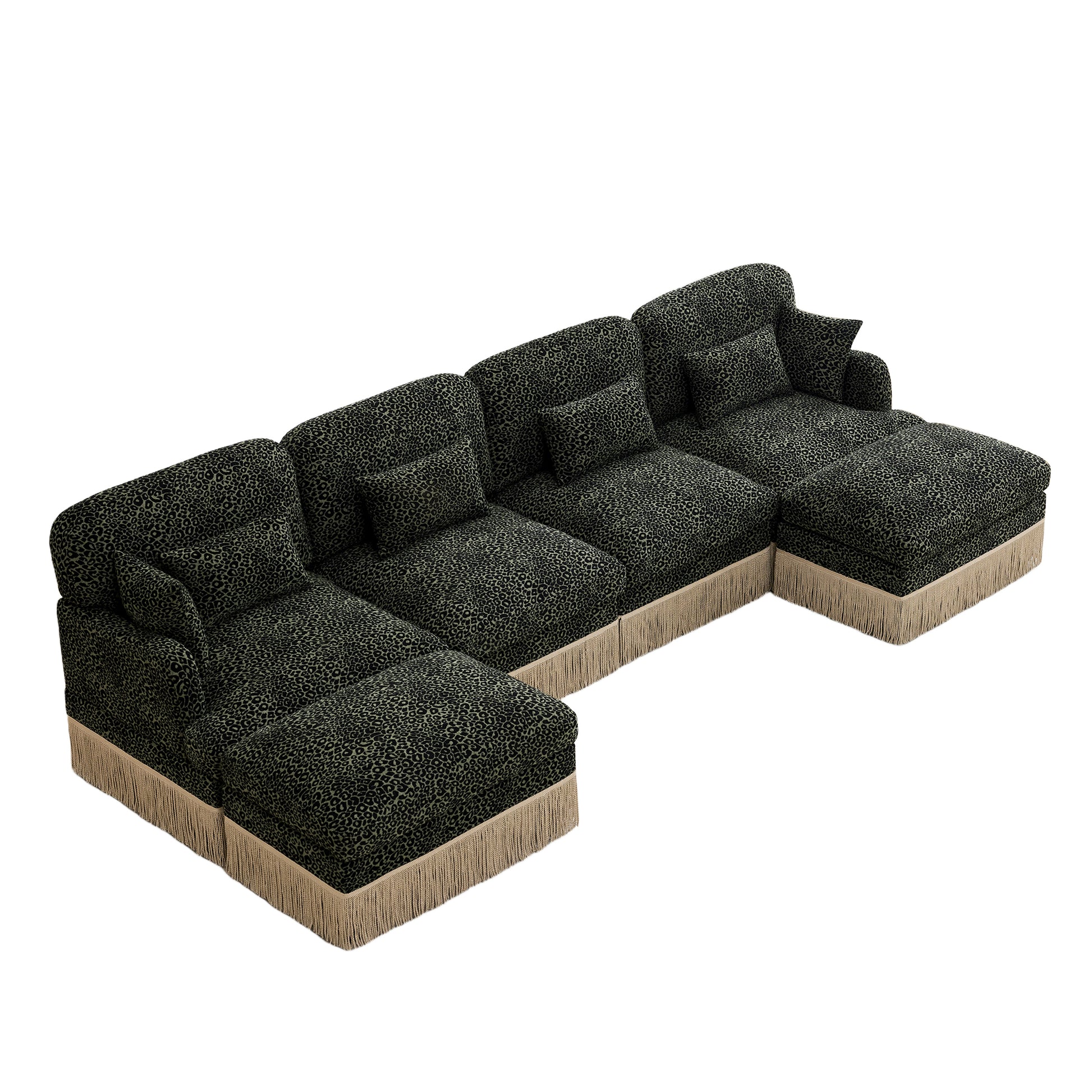 Tucson green leopard print chenille U-shaped sectional sofa perspective view isolated on white background