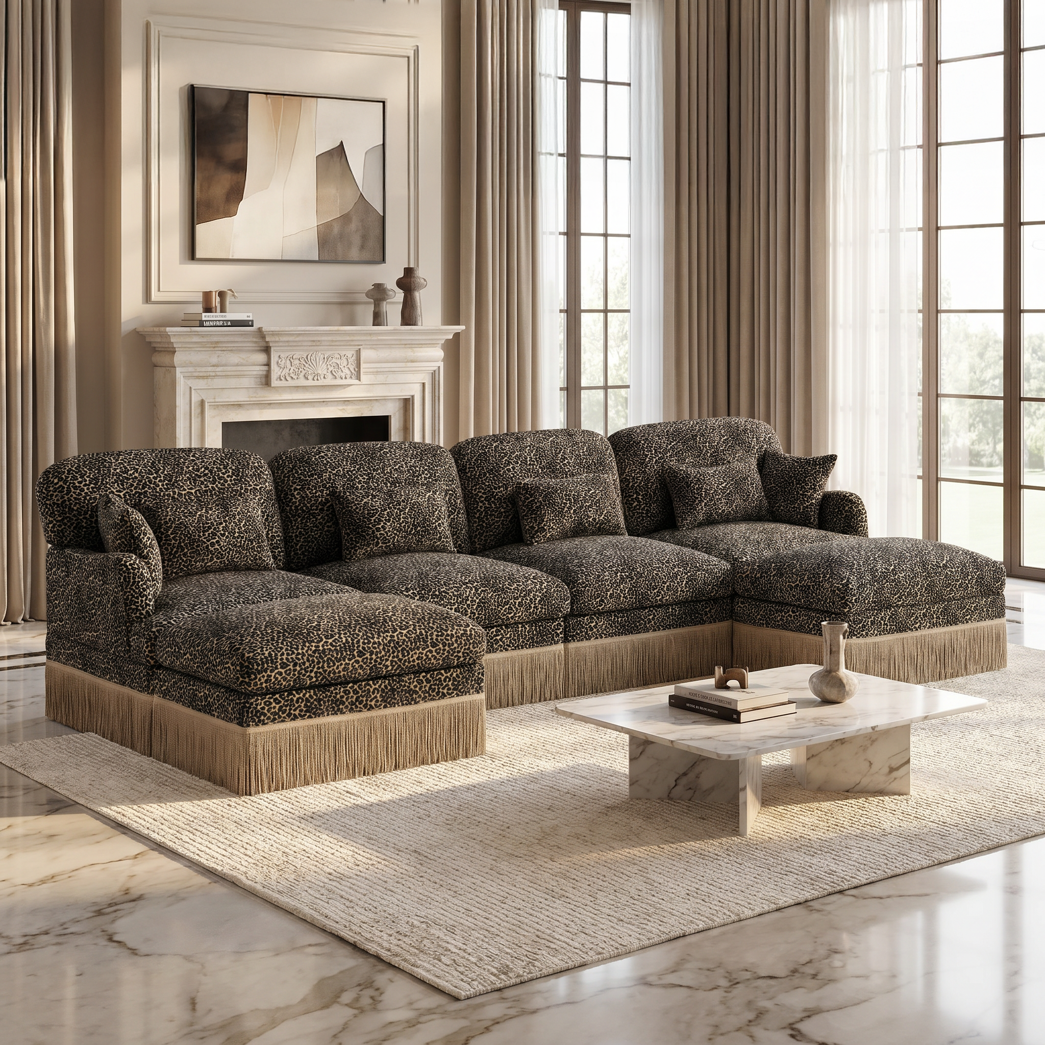 Tucson khaki leopard print chenille U-shaped sectional sofa in luxury living room setting