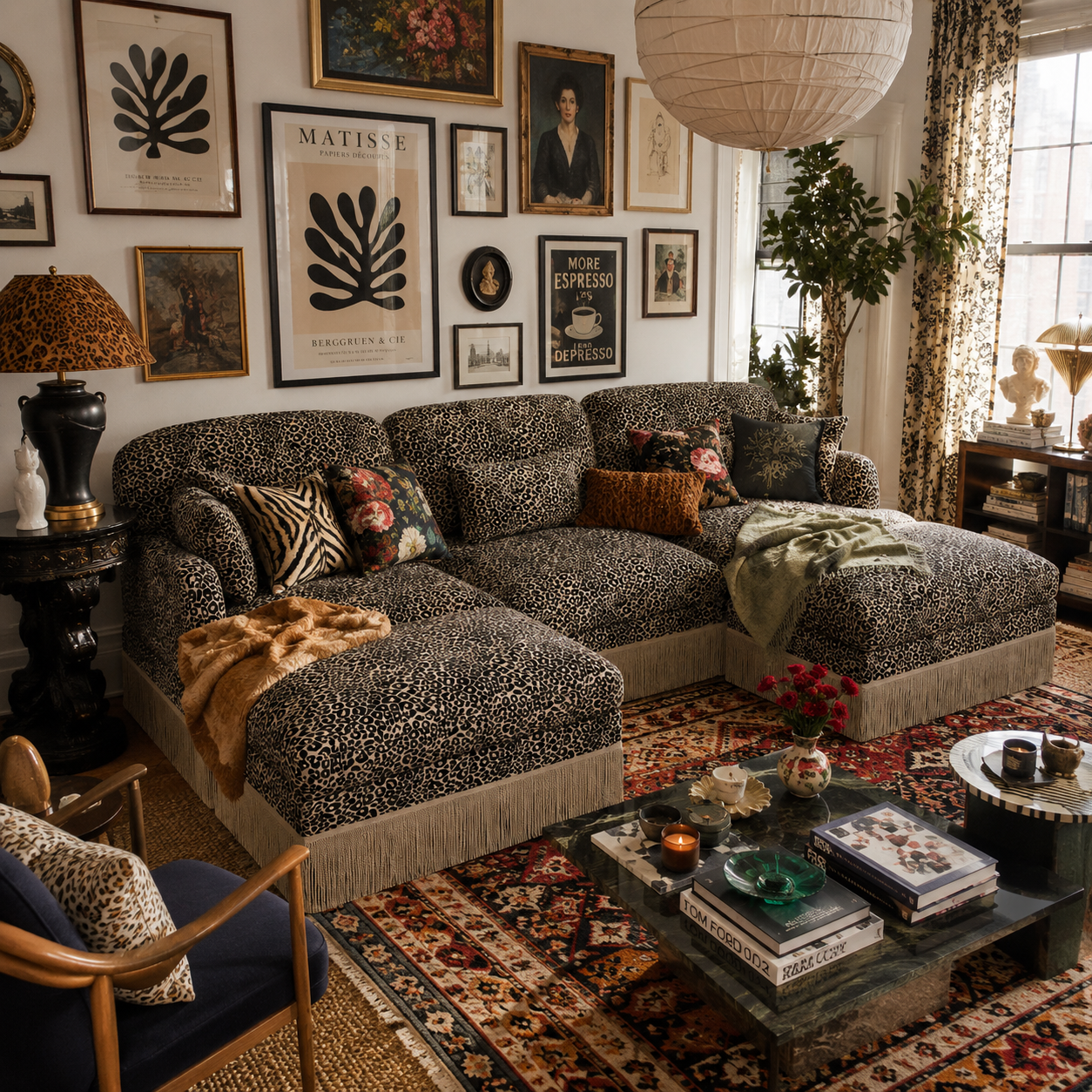 Tucson 100" Modular Leopard Print Chenille U-Shaped Sectional Sofa with 2 Ottomans and Fringe Trim