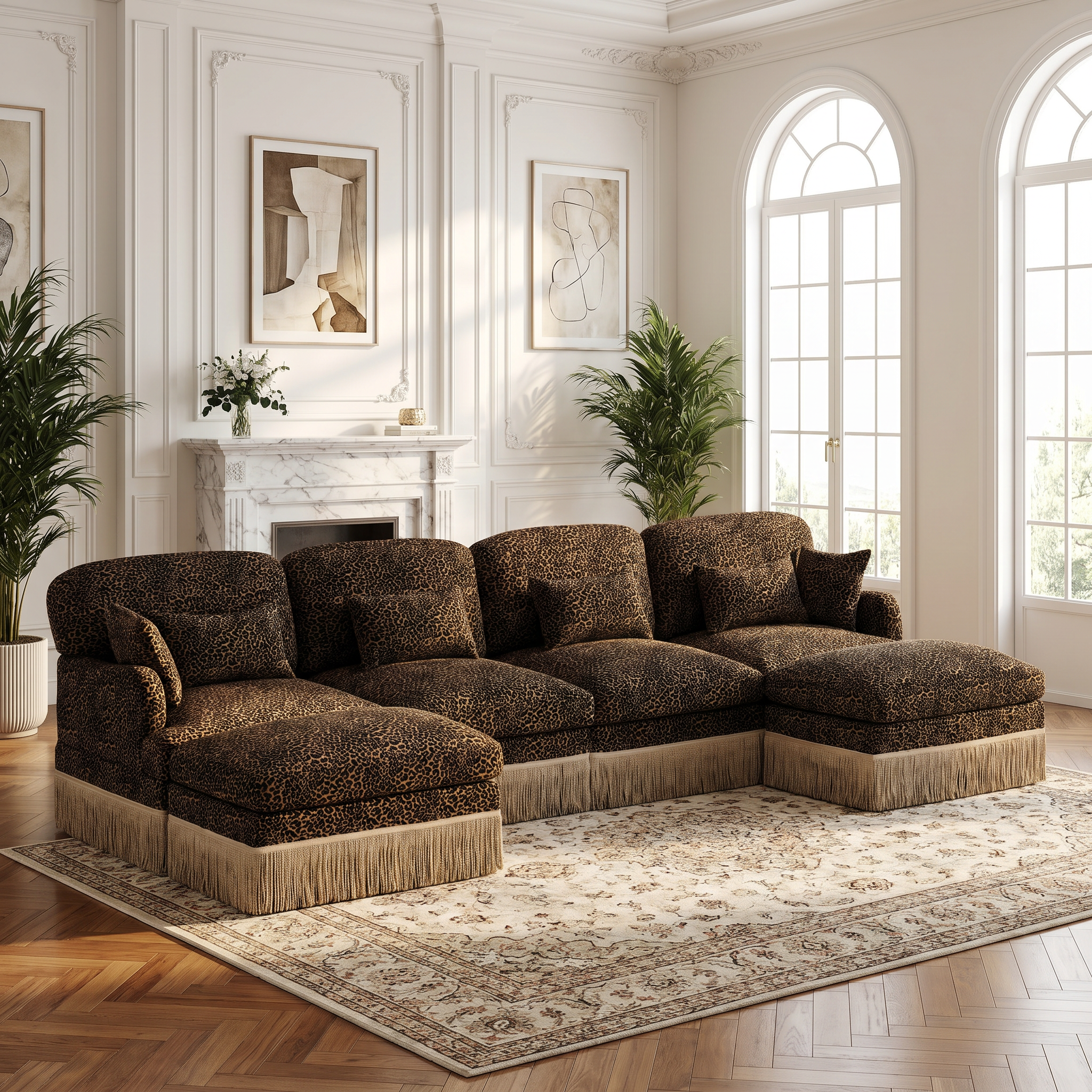 Tucson khaki leopard print chenille U-shaped sectional sofa with fringe trim beside fireplace