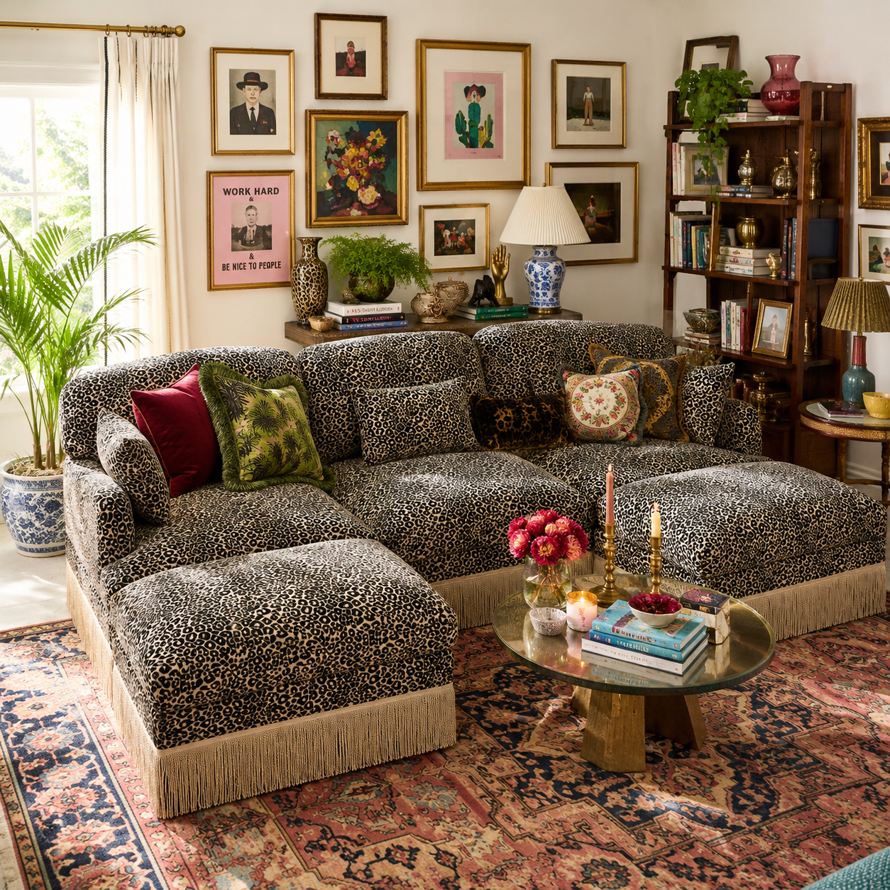 Tucson 100" Modular Leopard Print Chenille U-Shaped Sectional Sofa with 2 Ottomans and Fringe Trim