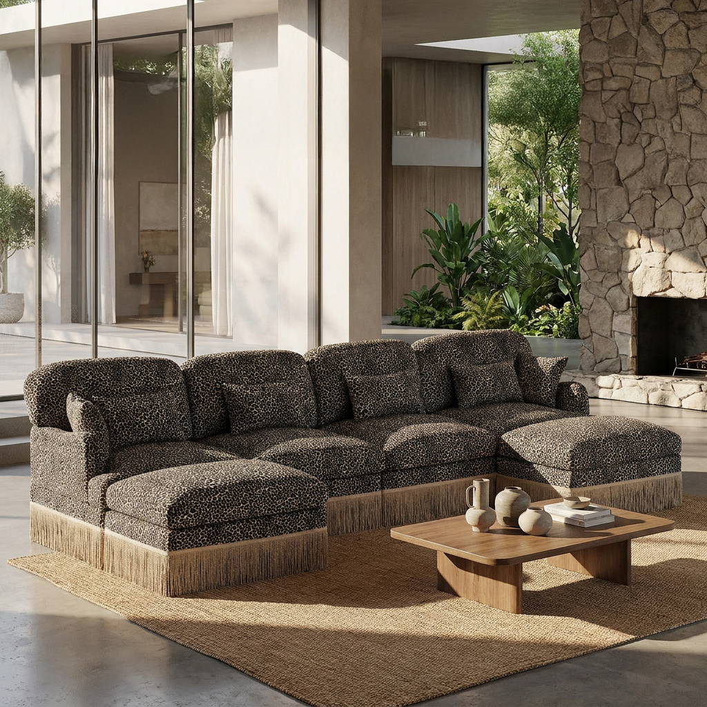 Tucson khaki leopard print chenille U-shaped sectional sofa in modern lounge interior