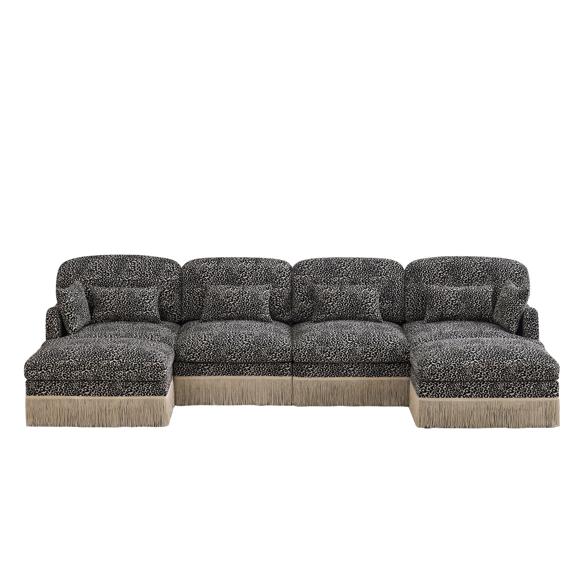Tucson khaki leopard print chenille U-shaped sectional sofa front view isolated on white background