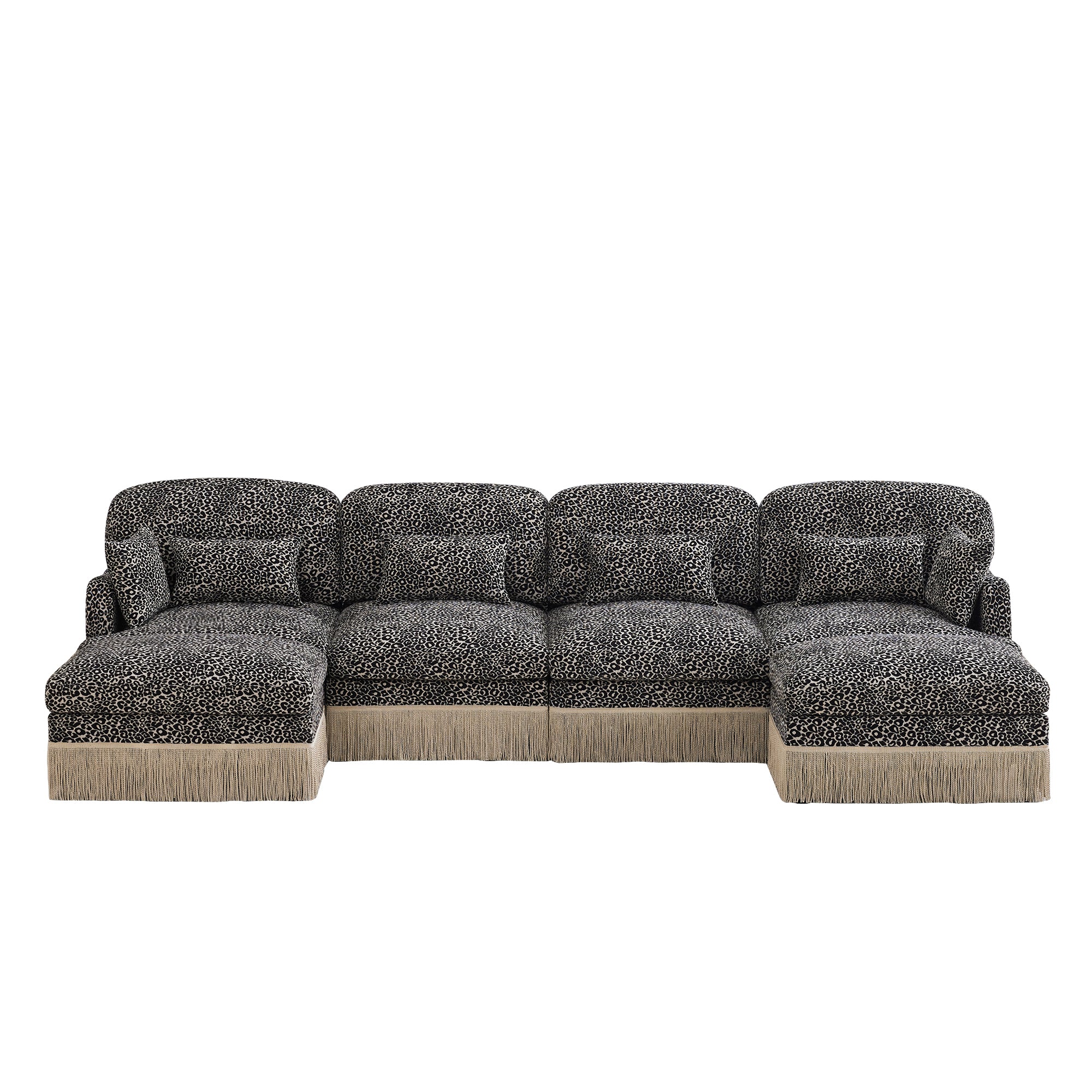 Tucson khaki leopard print chenille U-shaped sectional sofa front view isolated on white background