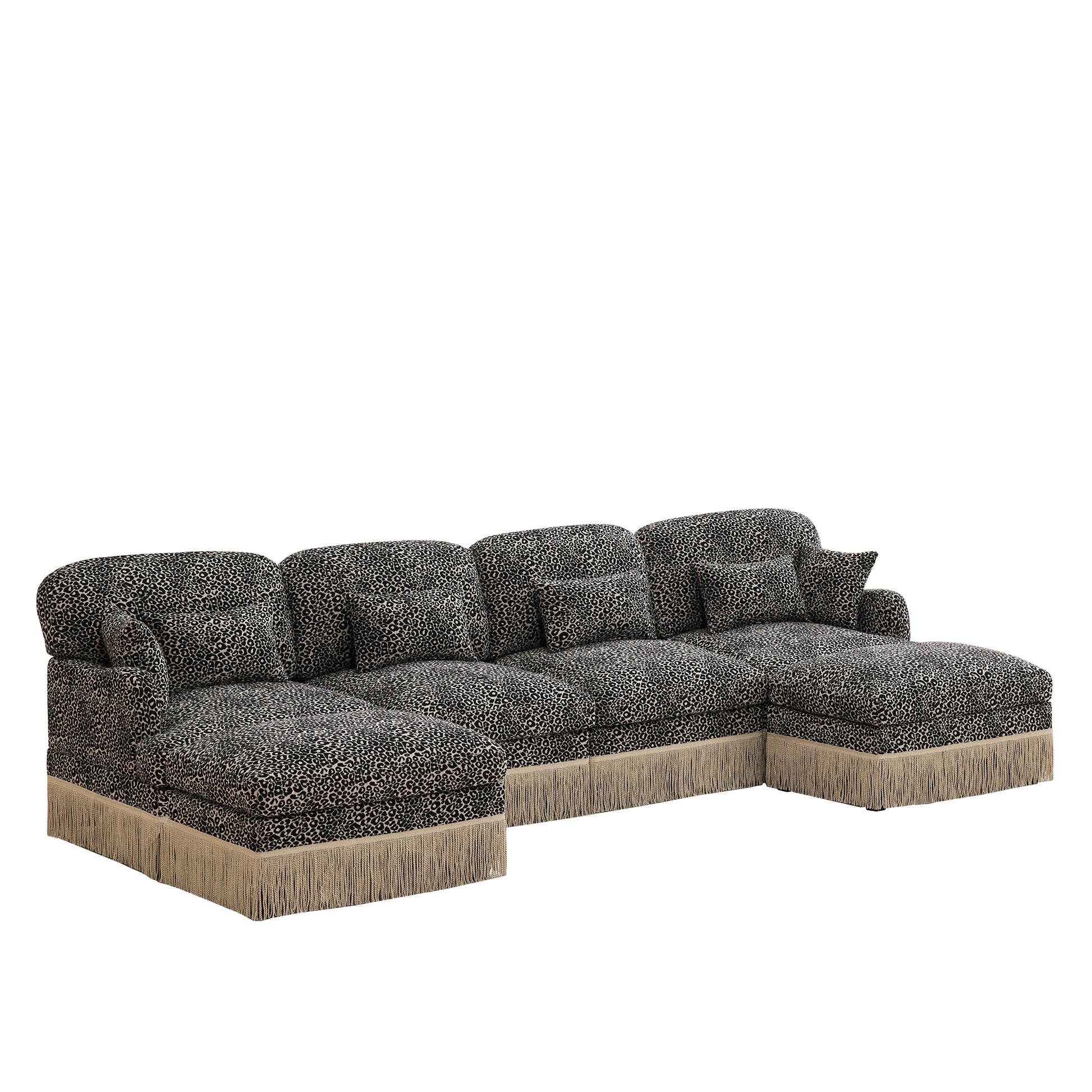 Tucson khaki leopard print chenille U-shaped sectional sofa angled view isolated on white background