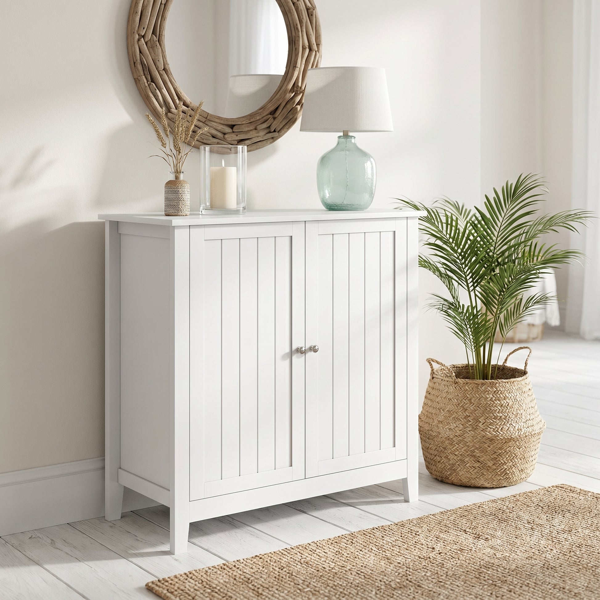 Tudor white storage cabinet showing a bright corner setup with tabletop decor