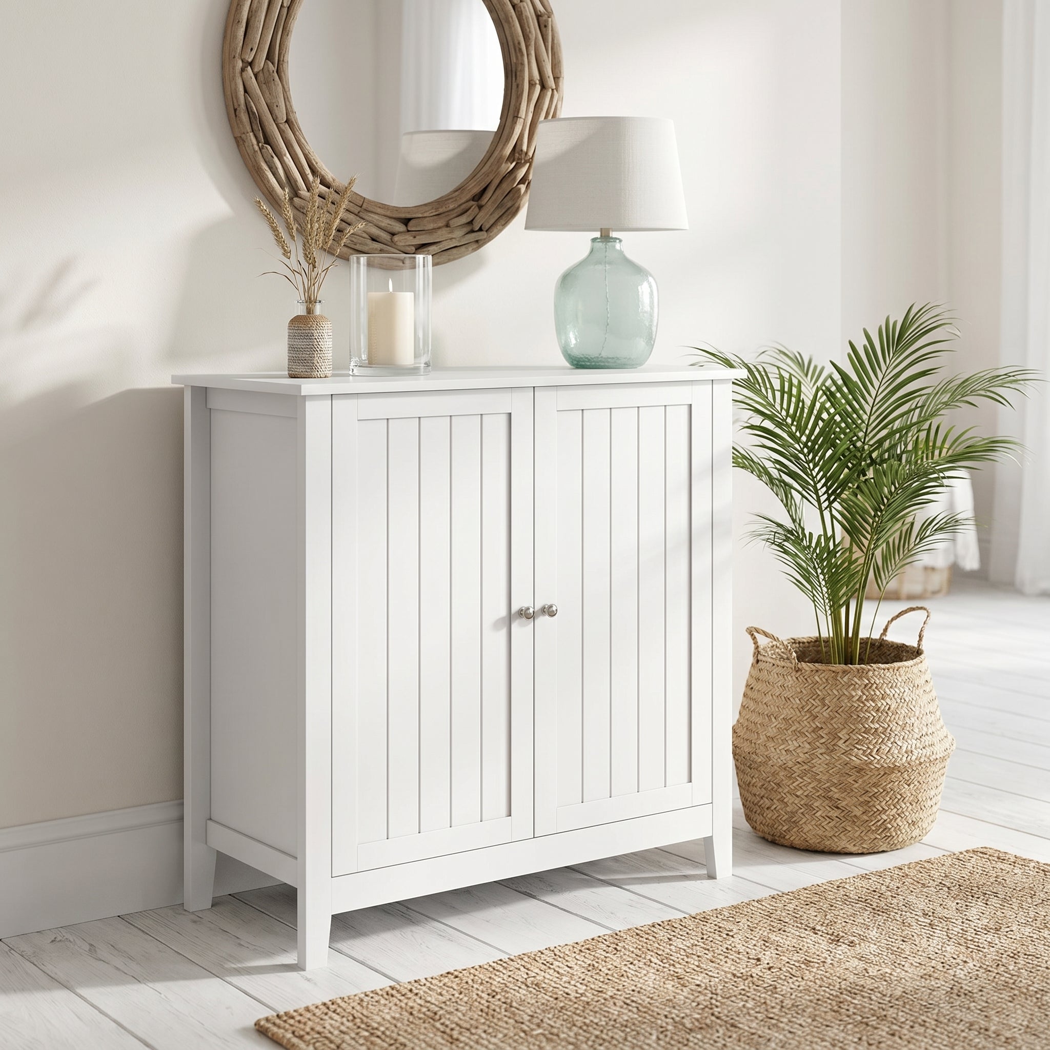Tudor white storage cabinet showing a bright corner setup with tabletop decor