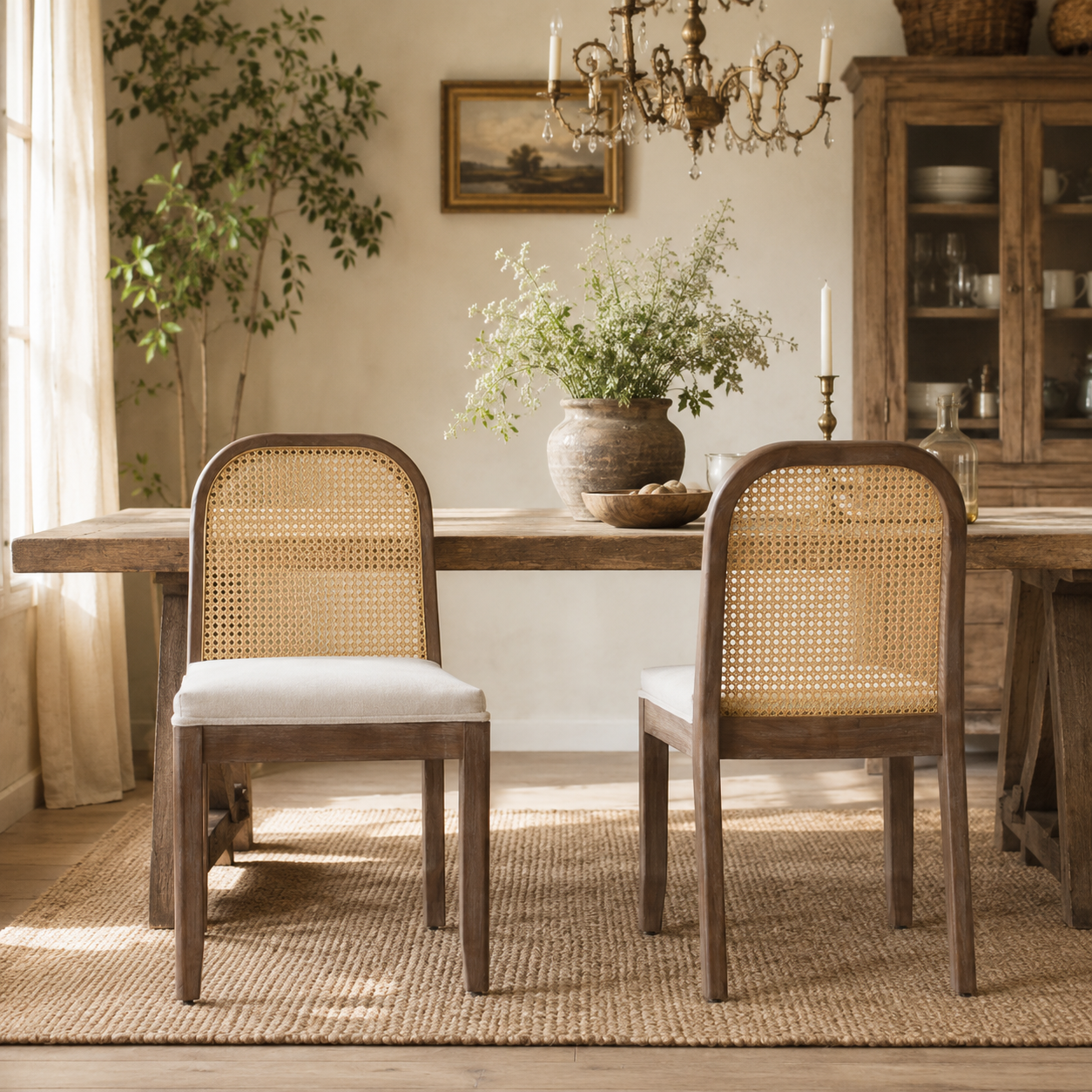 Turkana Cane Back Solid Wood Dining Chairs with Chenille Seat Set of 2