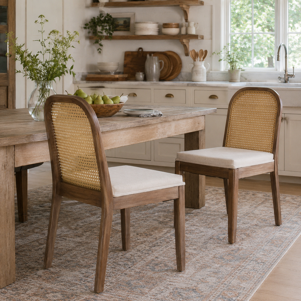 Turkana Cane Back Solid Wood Dining Chairs with Chenille Seat Set of 2