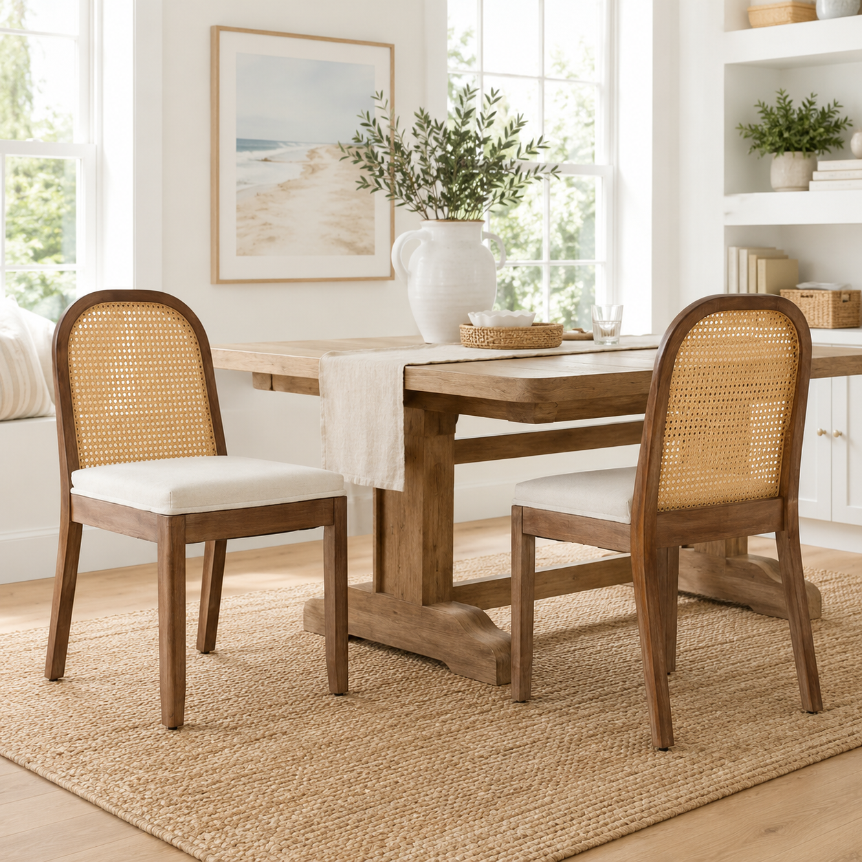 Turkana Cane Back Solid Wood Dining Chairs with Chenille Seat Set of 2