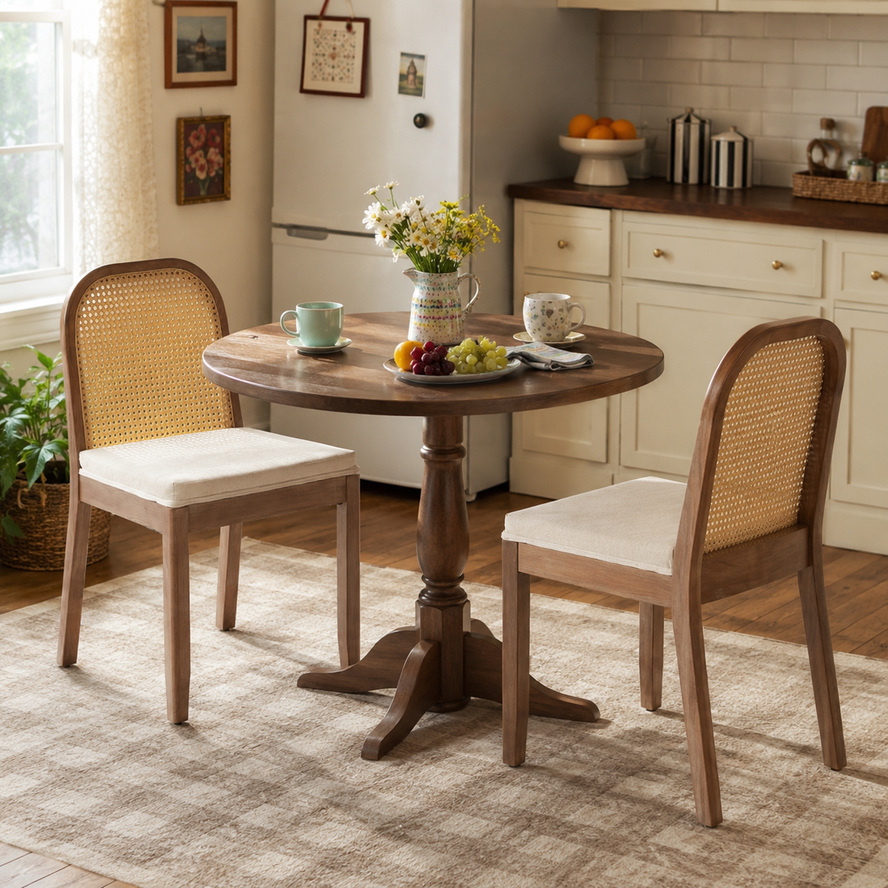 Turkana Cane Back Solid Wood Dining Chairs with Chenille Seat Set of 2