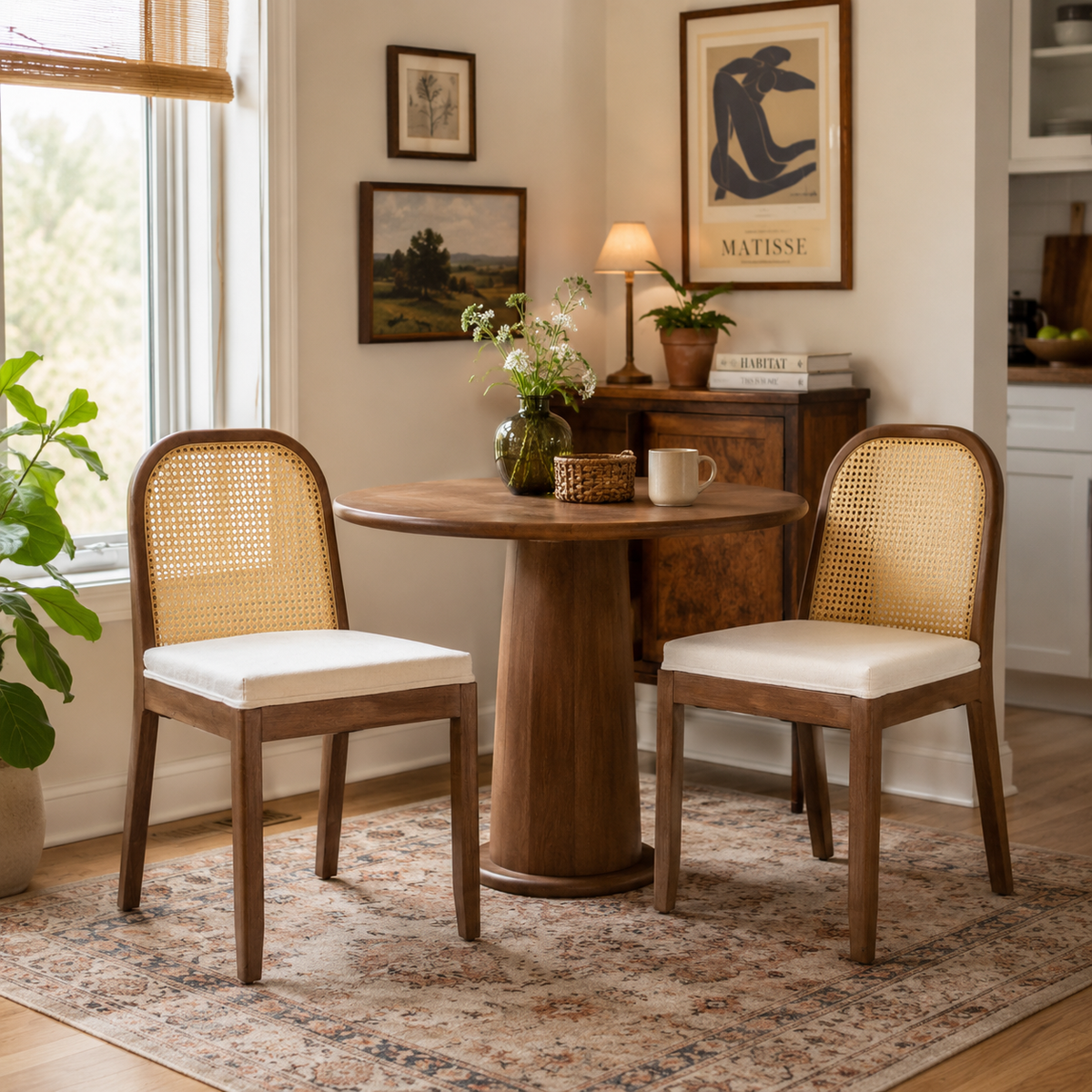 Turkana Cane Back Solid Wood Dining Chairs with Chenille Seat Set of 2