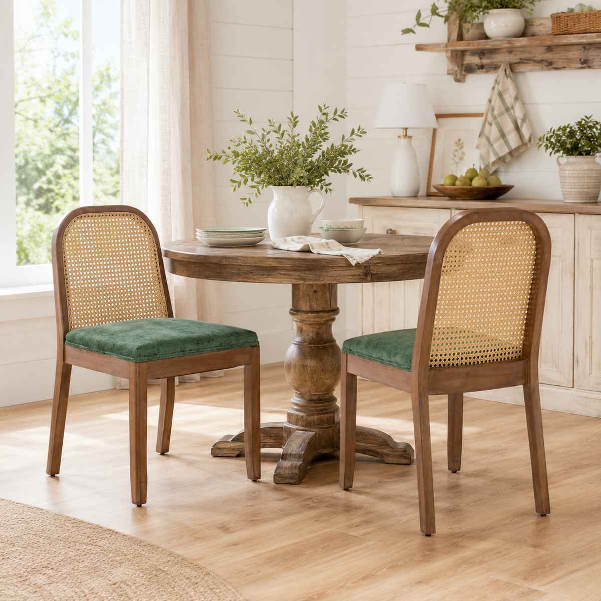 Turkana Cane Back Solid Wood Dining Chairs with Chenille Seat Set of 2