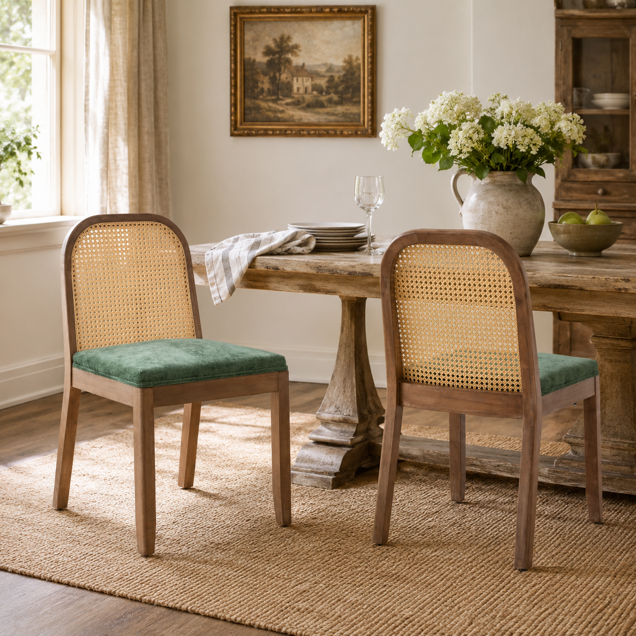 Turkana Cane Back Solid Wood Dining Chairs with Chenille Seat Set of 2