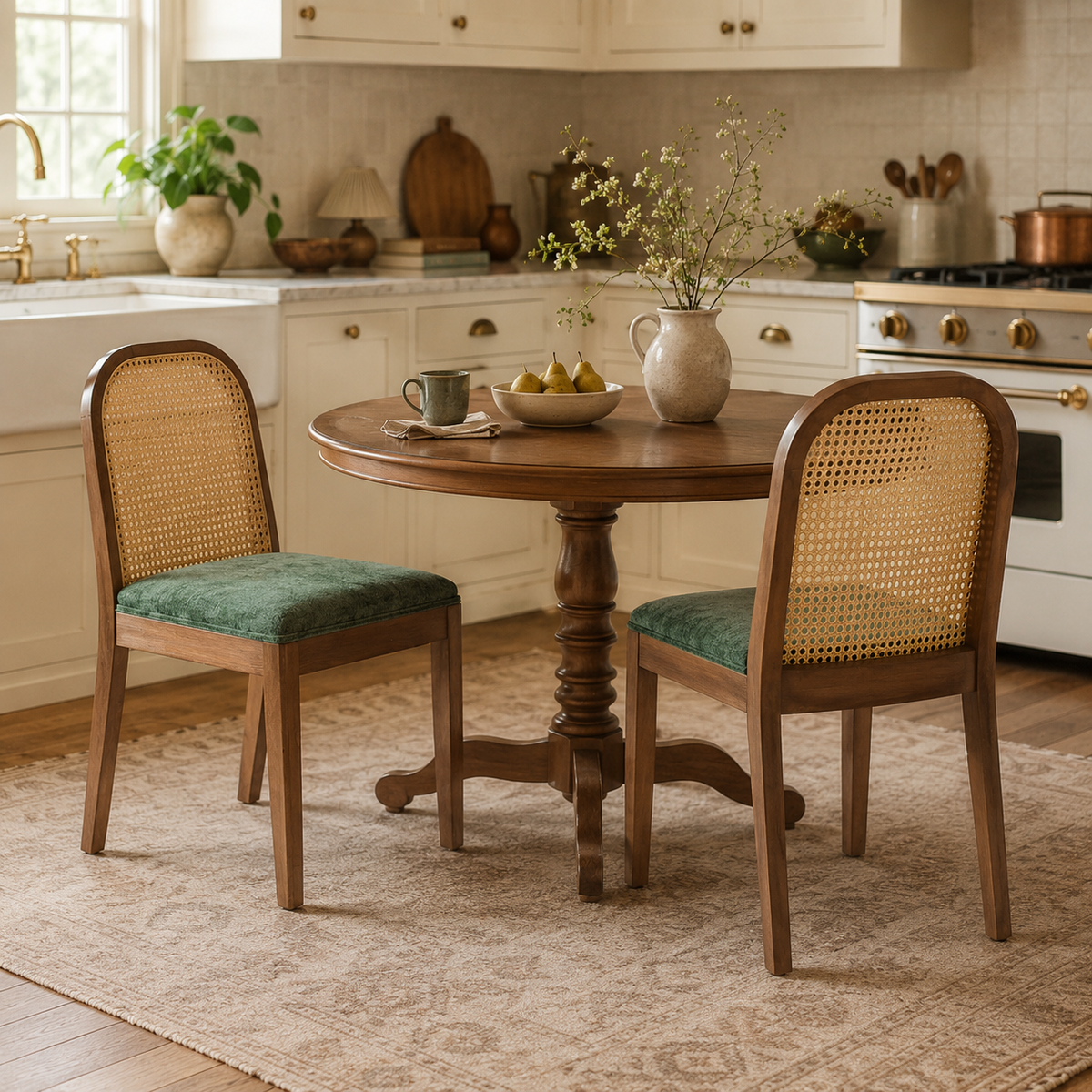 Turkana Cane Back Solid Wood Dining Chairs with Chenille Seat Set of 2