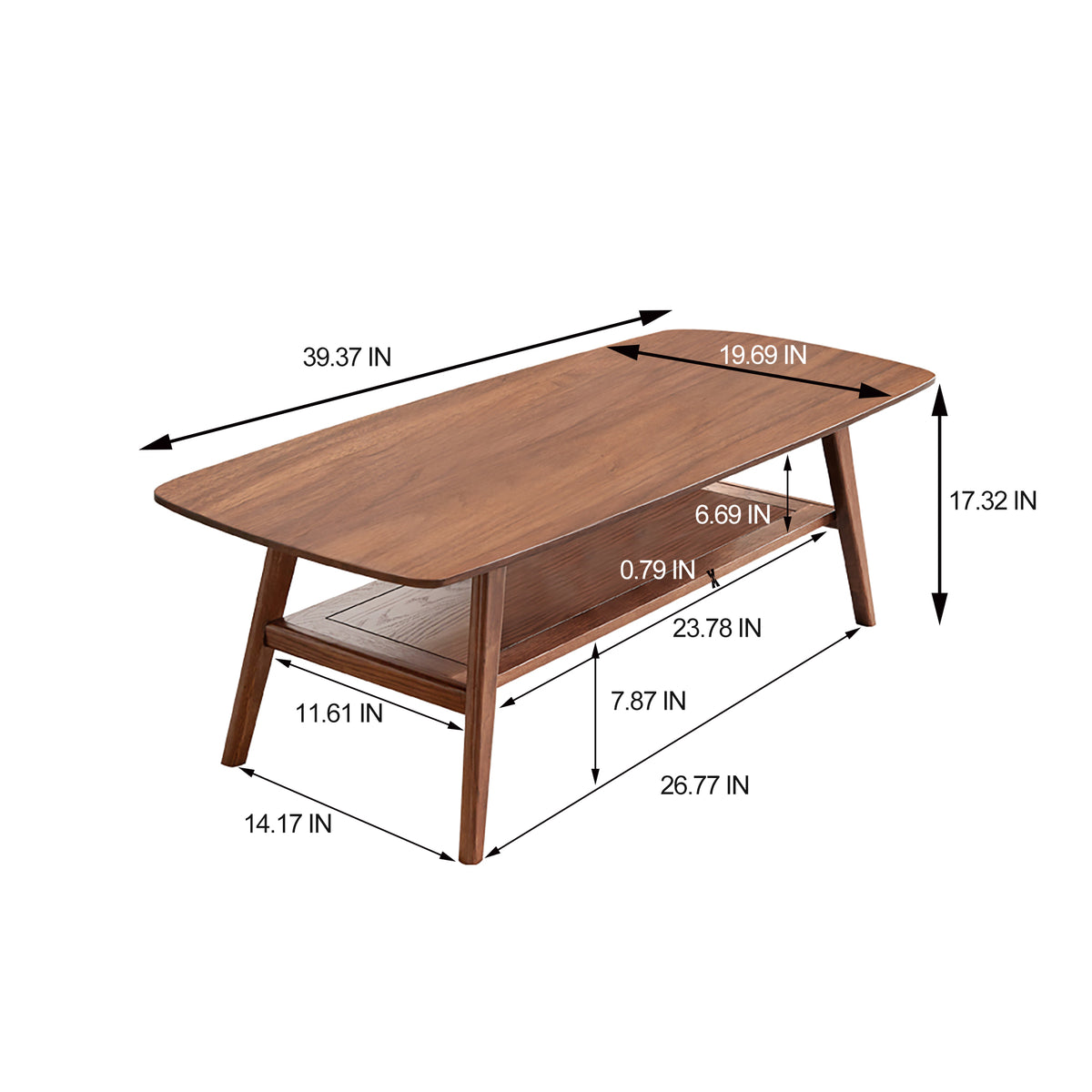 Tuscany walnut coffee table showing product dimensions