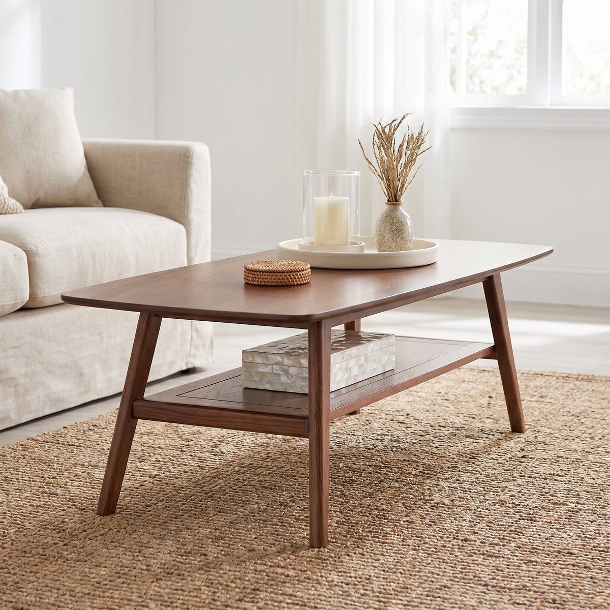 Tuscany walnut coffee table showing a rectangular table with storage shelf in a bright living room