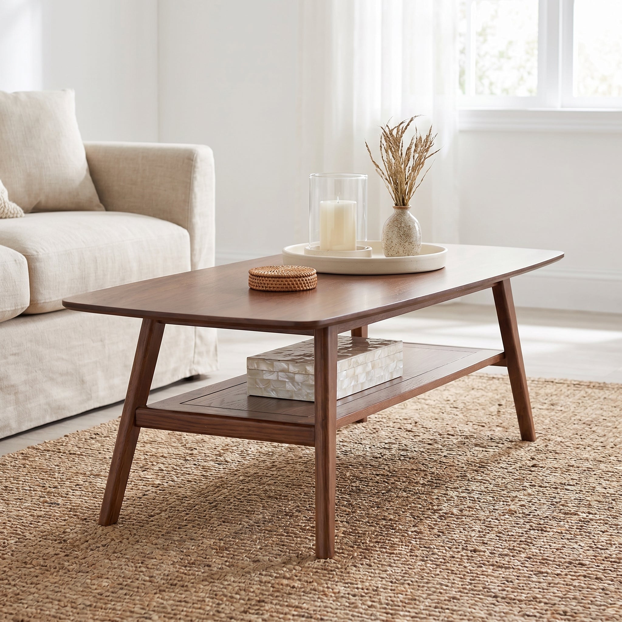 Tuscany walnut coffee table showing a rectangular table with storage shelf in a bright living room