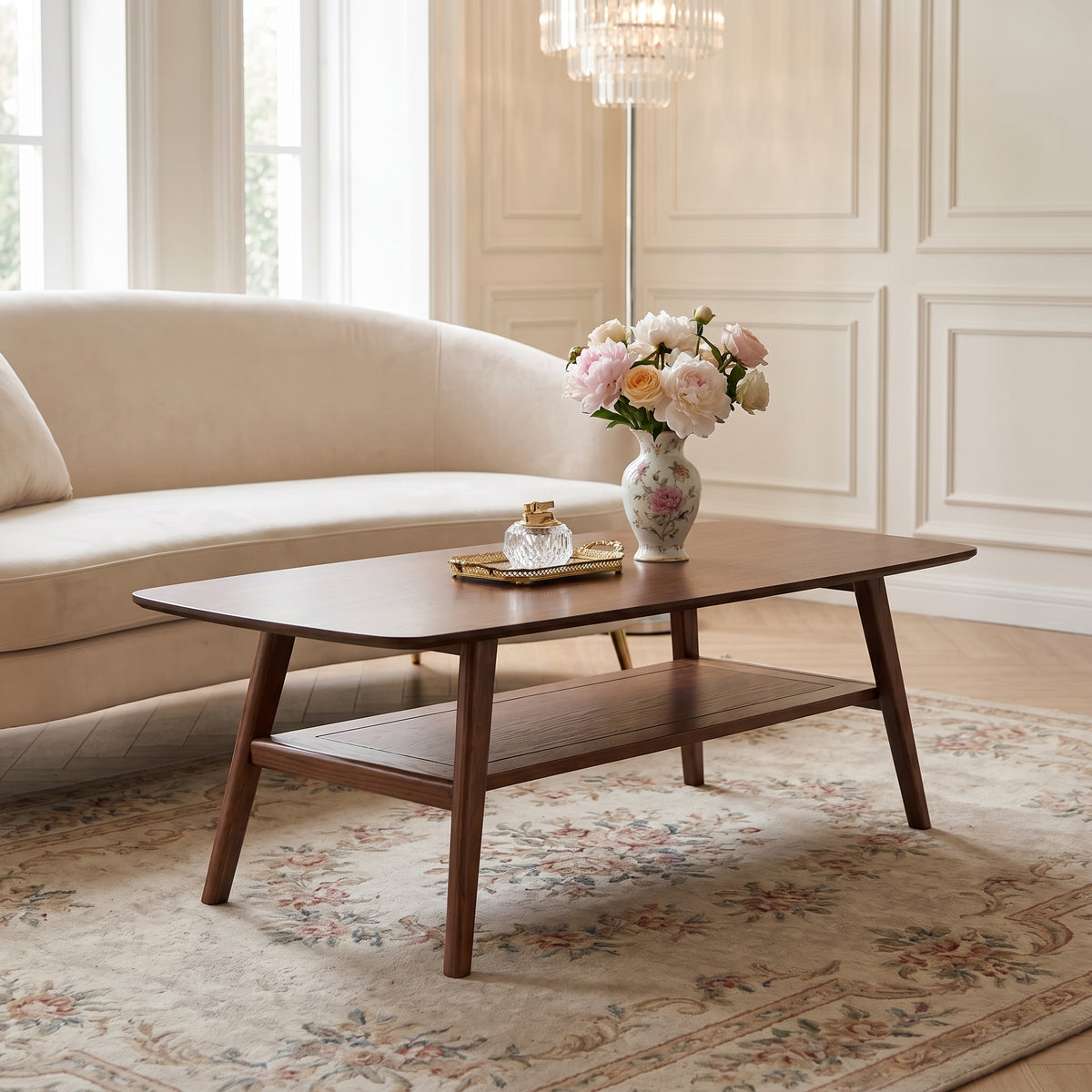 Tuscany walnut coffee table showing a low storage shelf in a modern living room