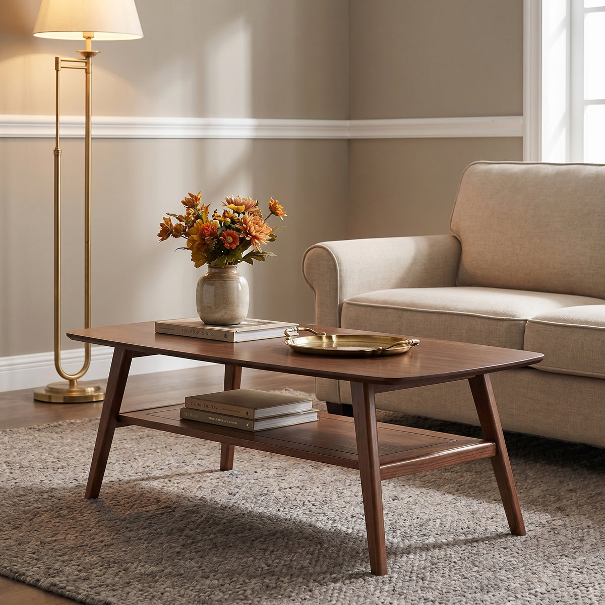 Tuscany walnut coffee table showing books and decor arranged in a warm seating area