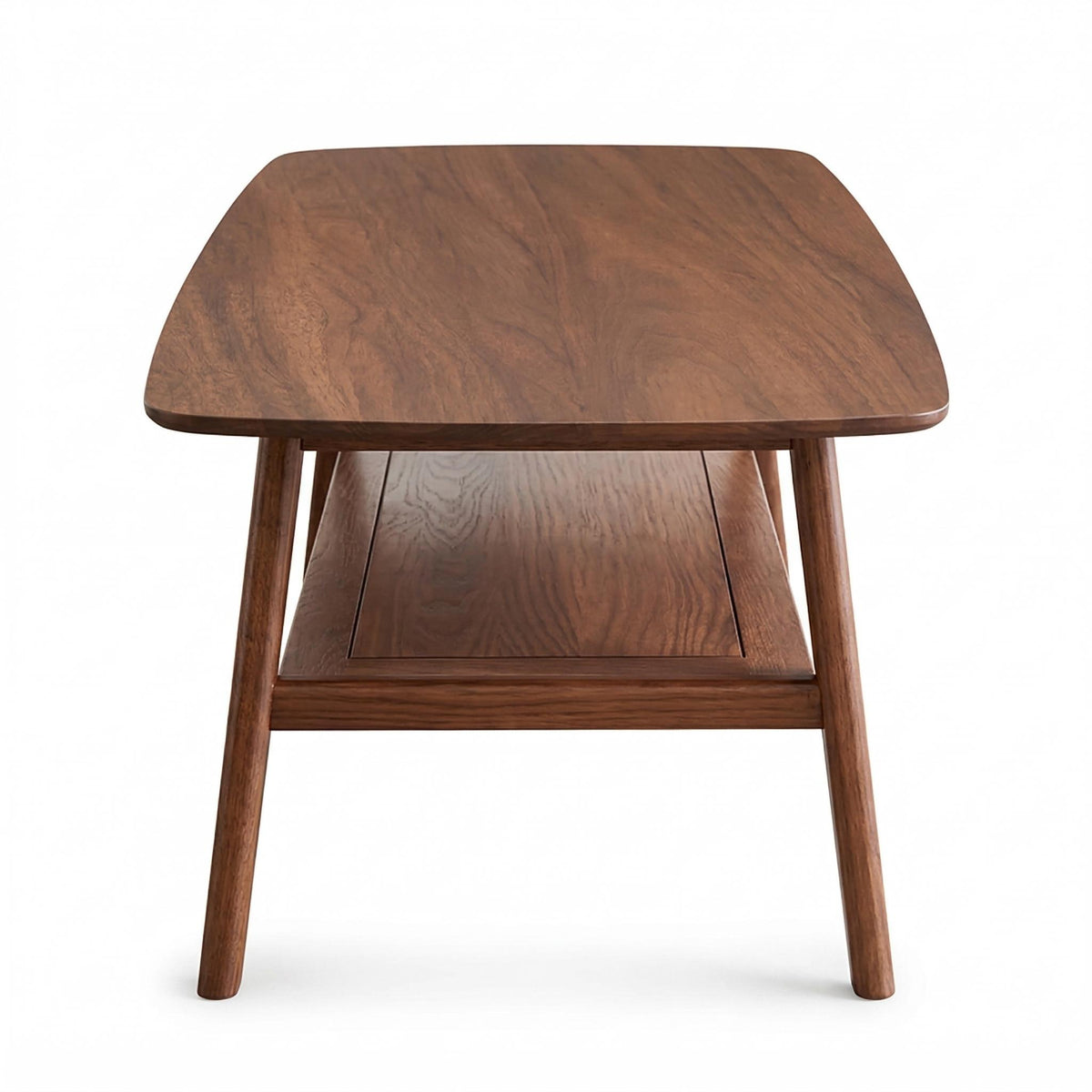 Tuscany walnut coffee table showing front view with open storage shelf on white background