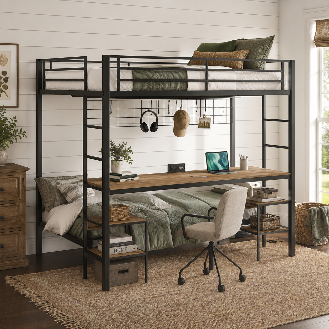 Uvella oak bunk bed showing a front-right angled view with desk storage shelves and ladder in a bright bedroom