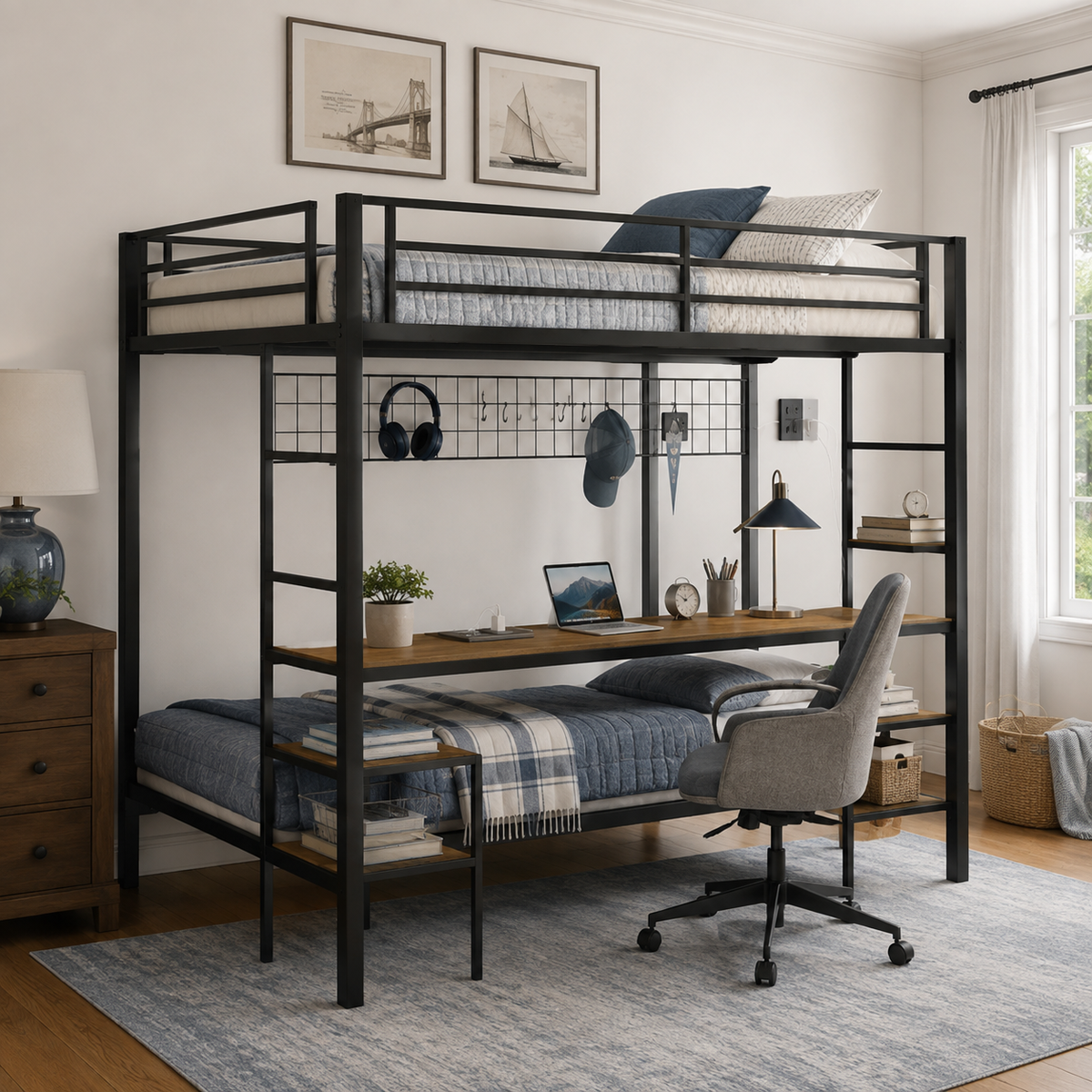 Uvella oak bunk bed showing a near-front view with built-in desk and storage shelves in a warm bedroom