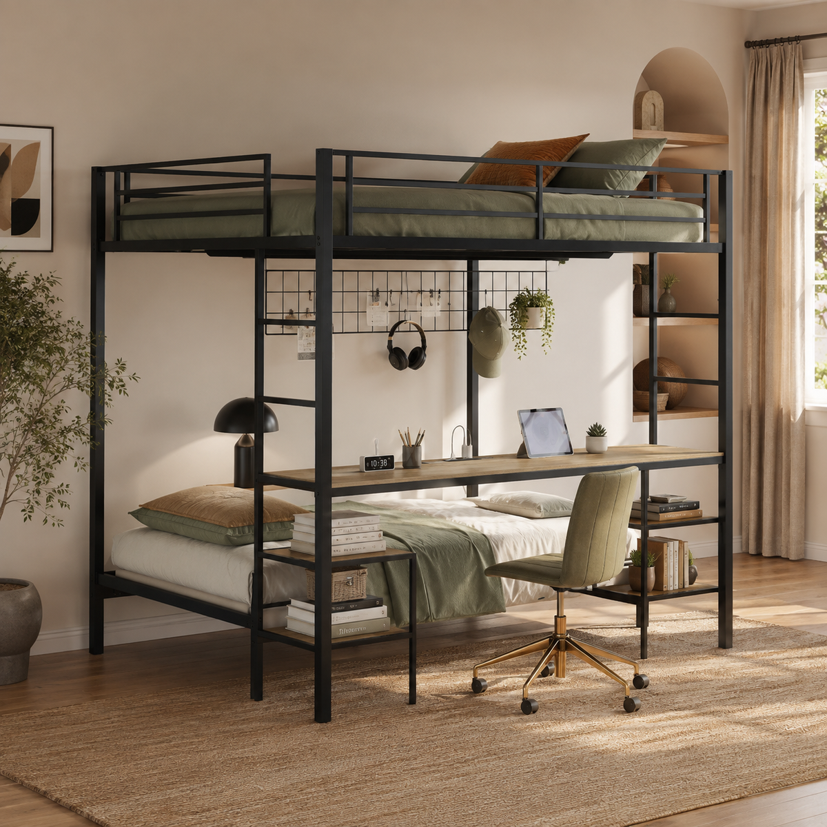 Uvella oak bunk bed showing a front-left angled view with desk chair and full over twin sleeping areas