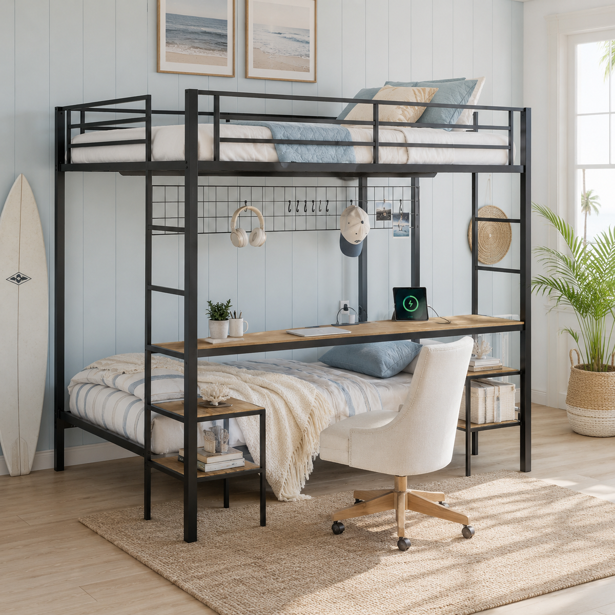 Uvella oak bunk bed showing a near-front view with ladder on the right and integrated desk below