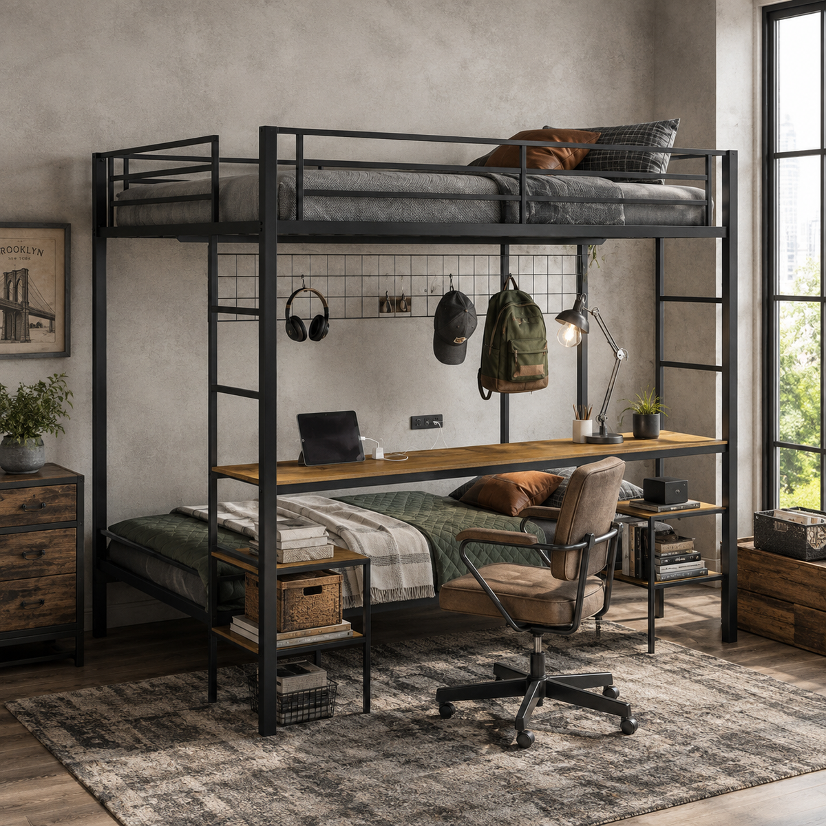 Uvella oak bunk bed showing a front-right angled bedroom view with desk shelves and ladder