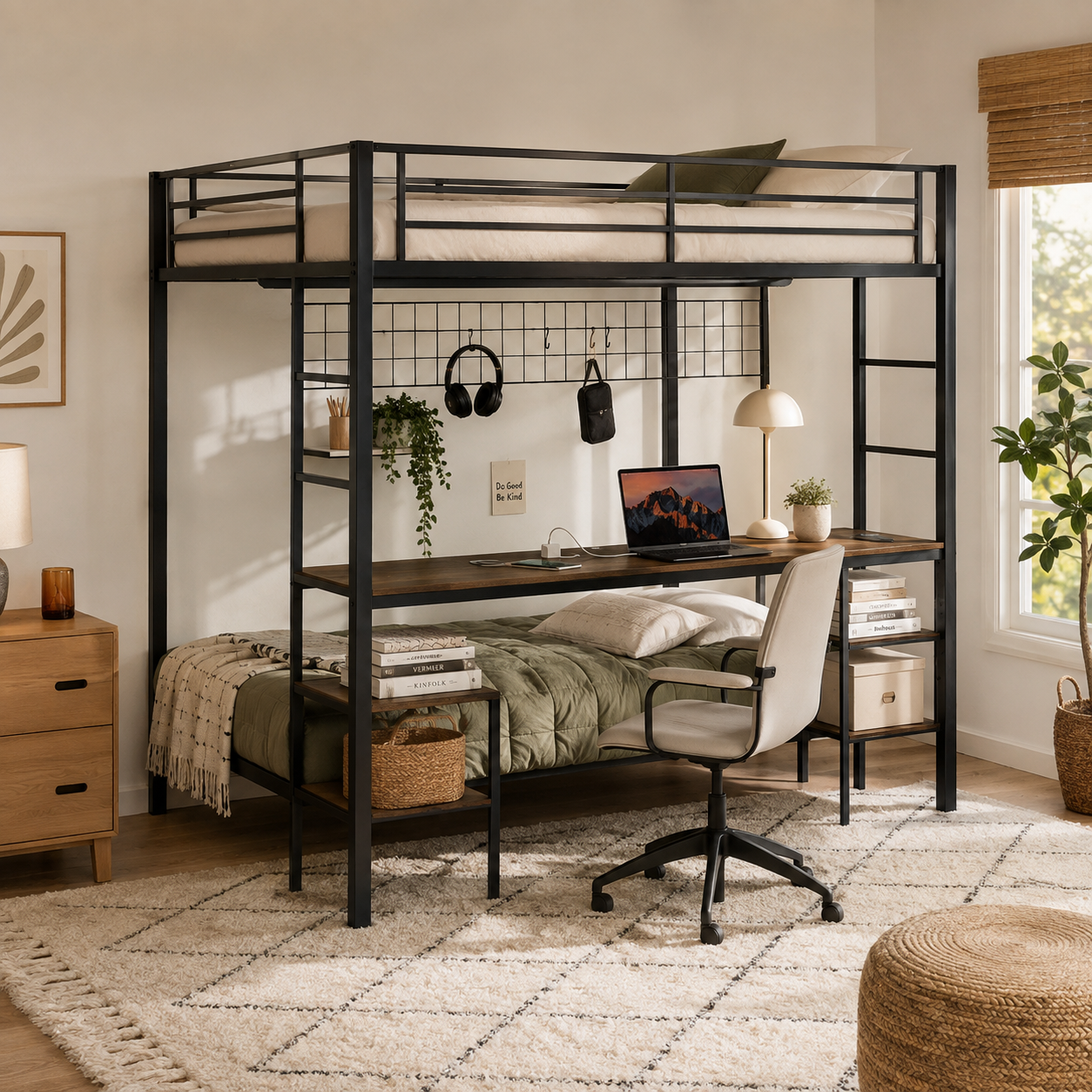 Uvella walnut bunk bed showing a front-right angled view with desk shelves and ladder in a bright bedroom