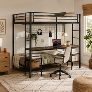 Uvella walnut bunk bed showing a front-right angled view with desk shelves and ladder in a bright bedroom