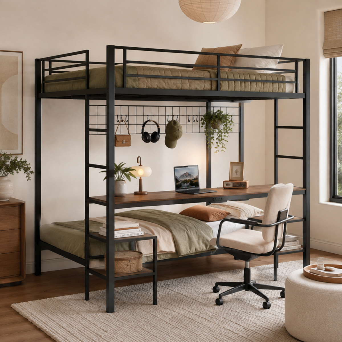 Uvella walnut bunk bed showing a near-front view with desk workspace and lower twin sleeping area