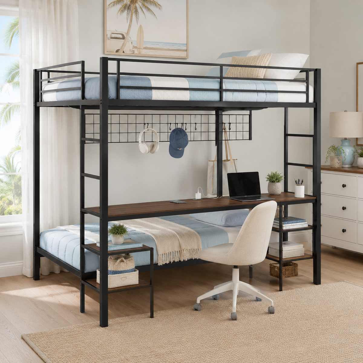 Uvella walnut bunk bed showing a front-left angled view with built-in desk and storage shelves