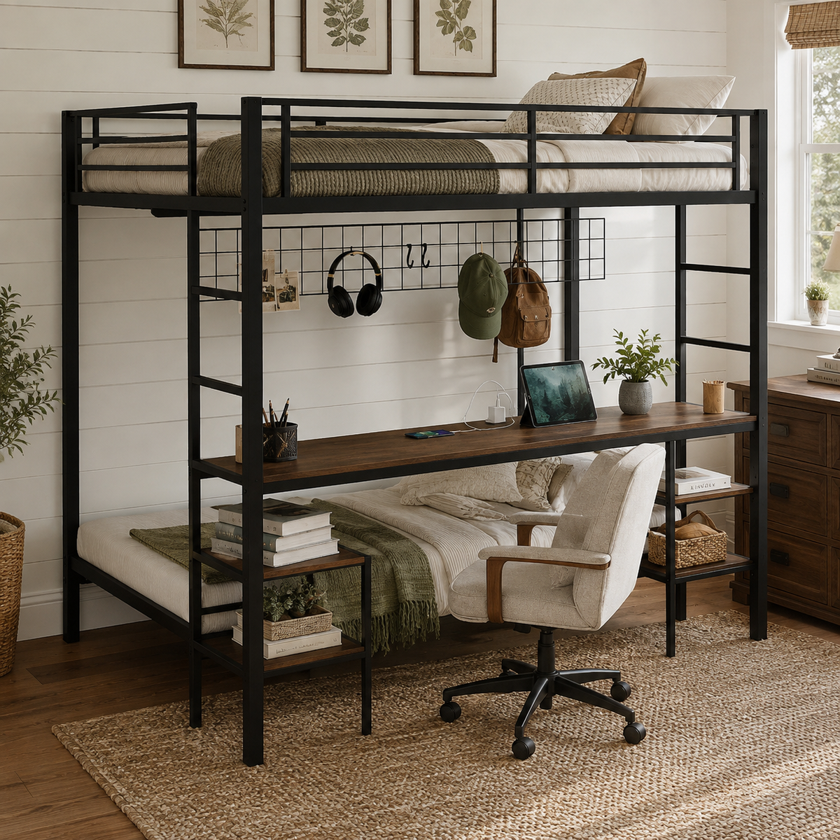 Uvella walnut bunk bed showing a front-right angled view with desk chair and full over twin layout