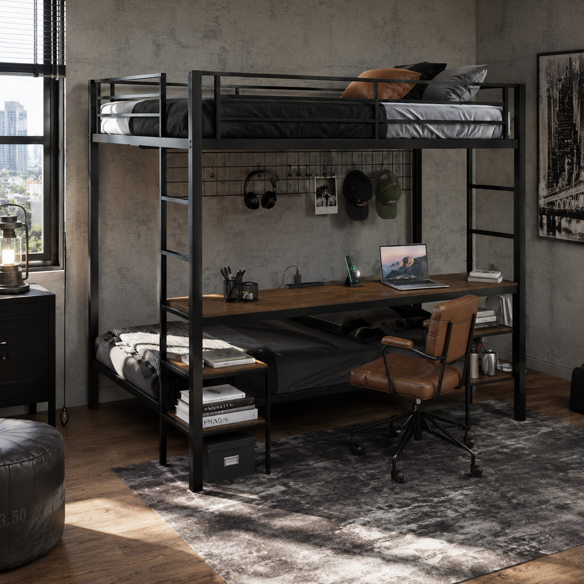 Uvella walnut bunk bed showing a front-right angled view with desk chair and full over twin layout