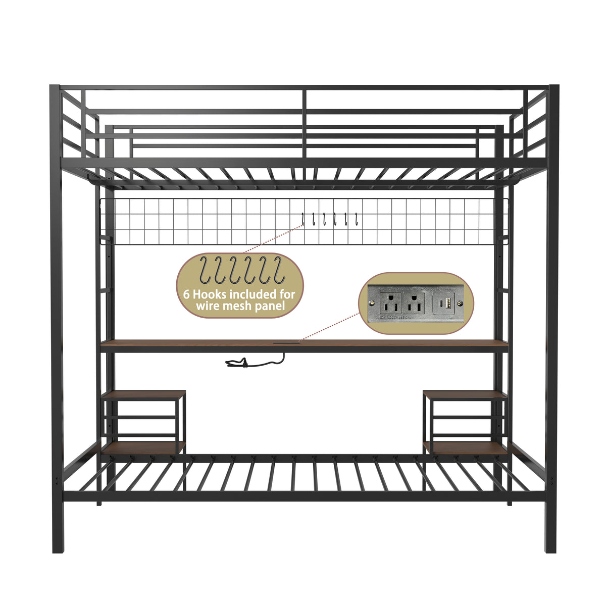 Uvella walnut bunk bed showing the straight front view with integrated desk and lower twin sleeping area