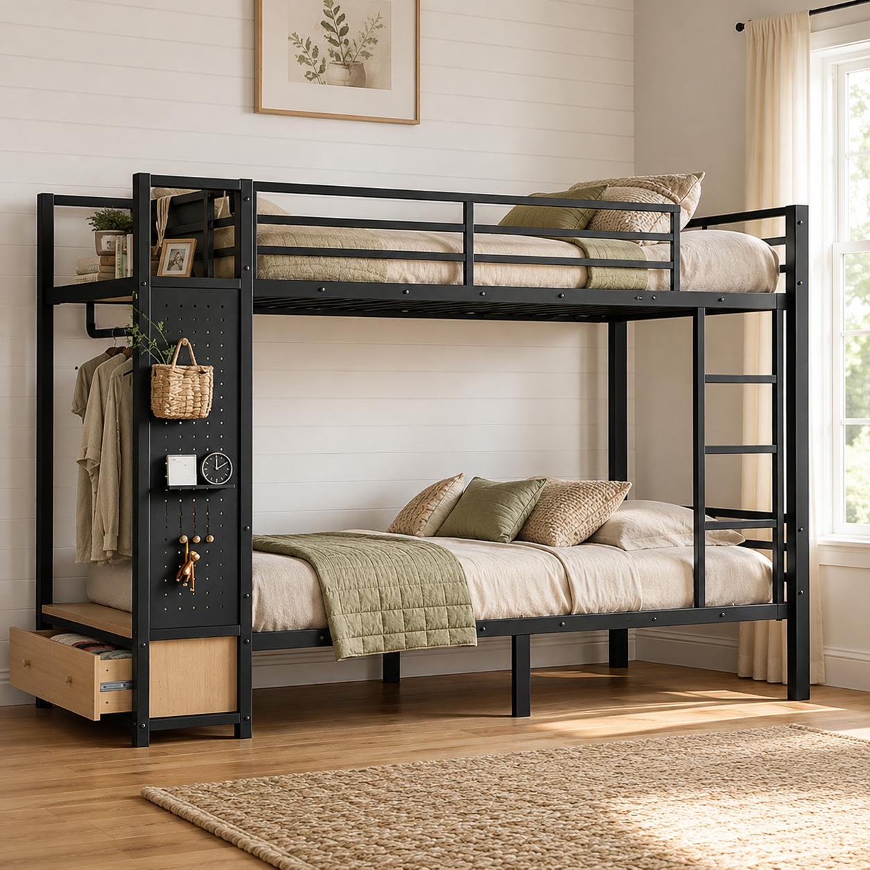 Valren black bunk bed showing a near-front view with storage shelves drawers and pegboard in a bright bedroom