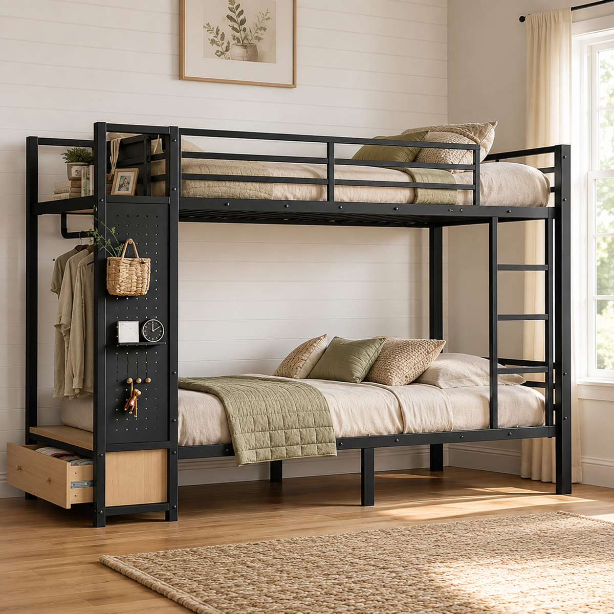 Valren black bunk bed showing a near-front view with storage shelves drawers and pegboard in a bright bedroom
