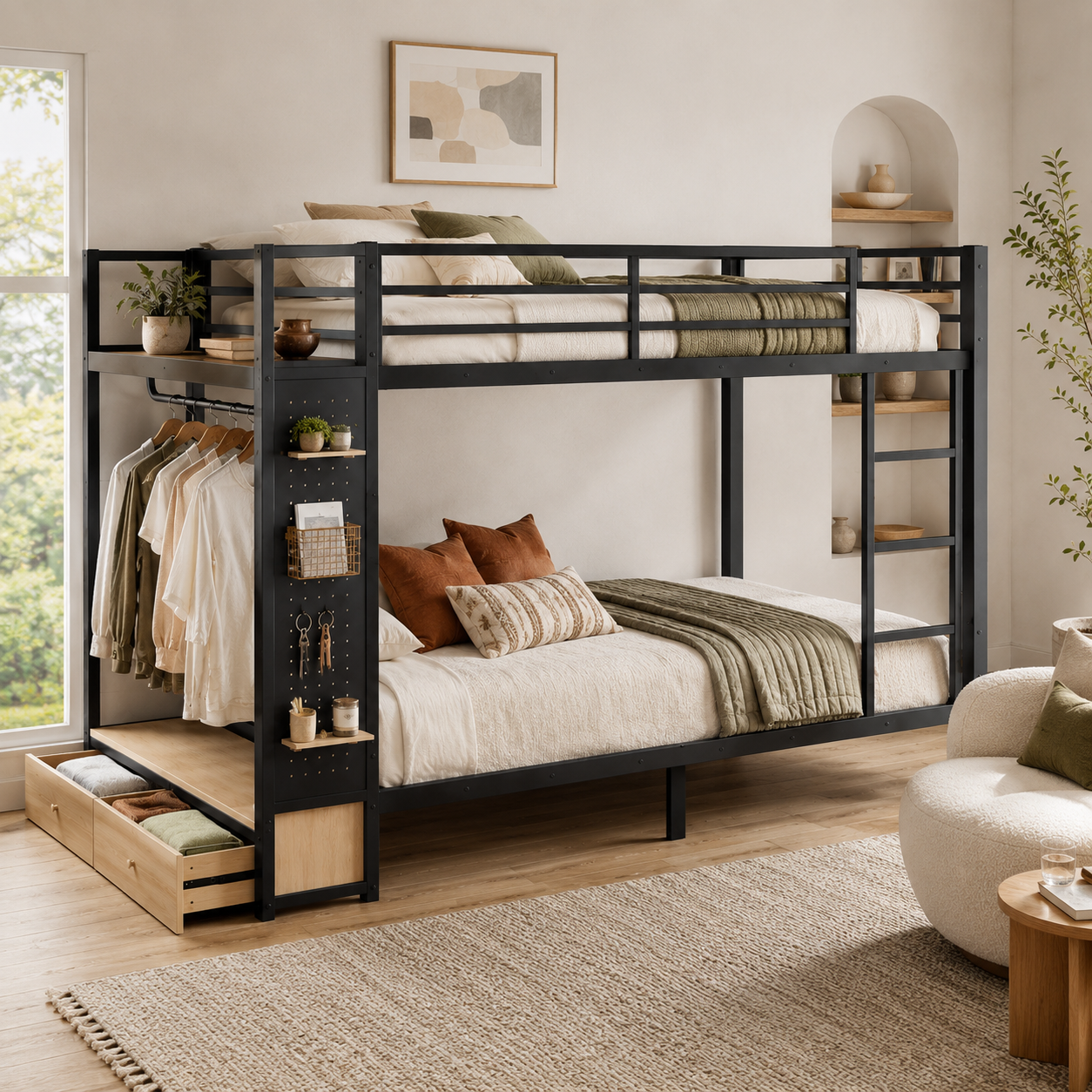 Valren black queen over queen bunk bed with storage shelves drawers and pegboard in a cozy bedroom