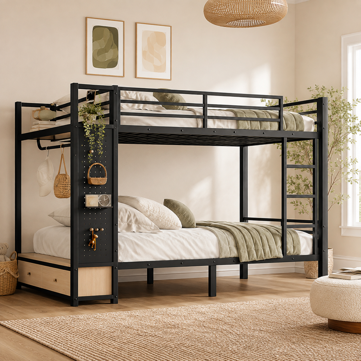 Valren black bunk bed showing a front-left angled view with pegboard storage and drawers in a bedroom